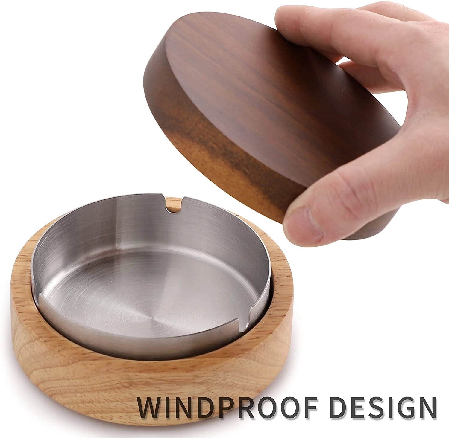 Wooden Ashtray With Lid For Smokers Stainless Steel Liner 2