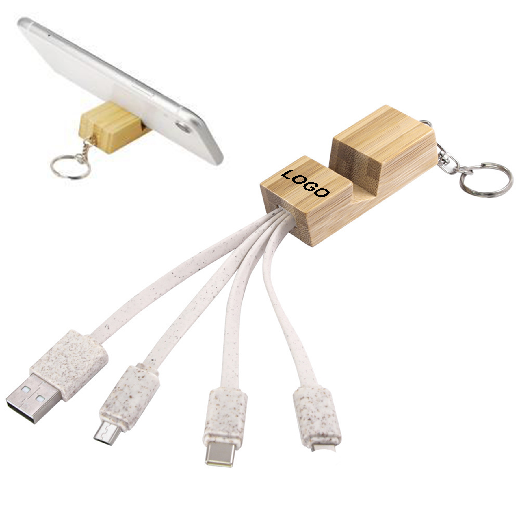 Eco-Friendly Bamboo Keychain with Multi-Device Charging Cables 1