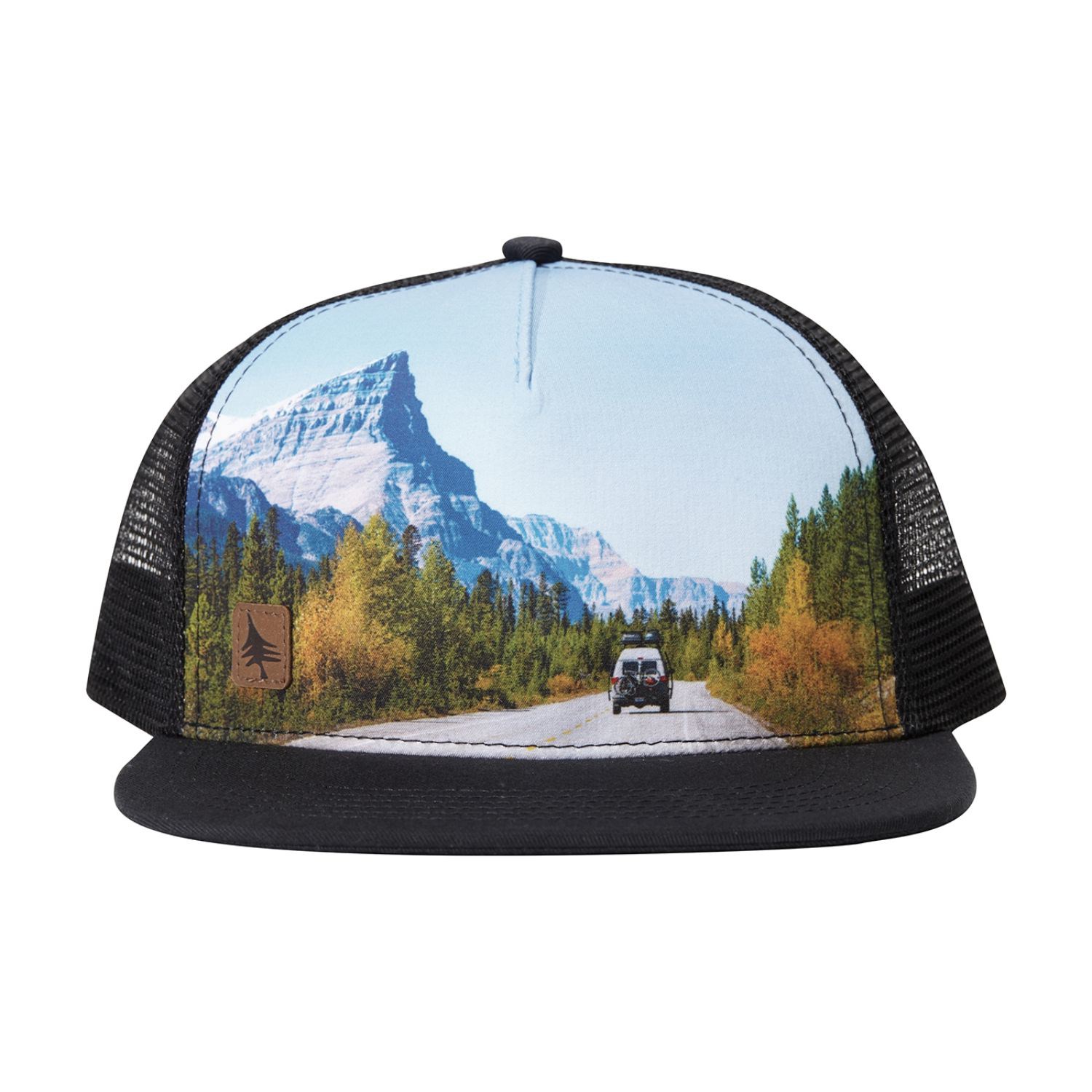 Flat bill trucker mesh cap w/ sublimated crown 6