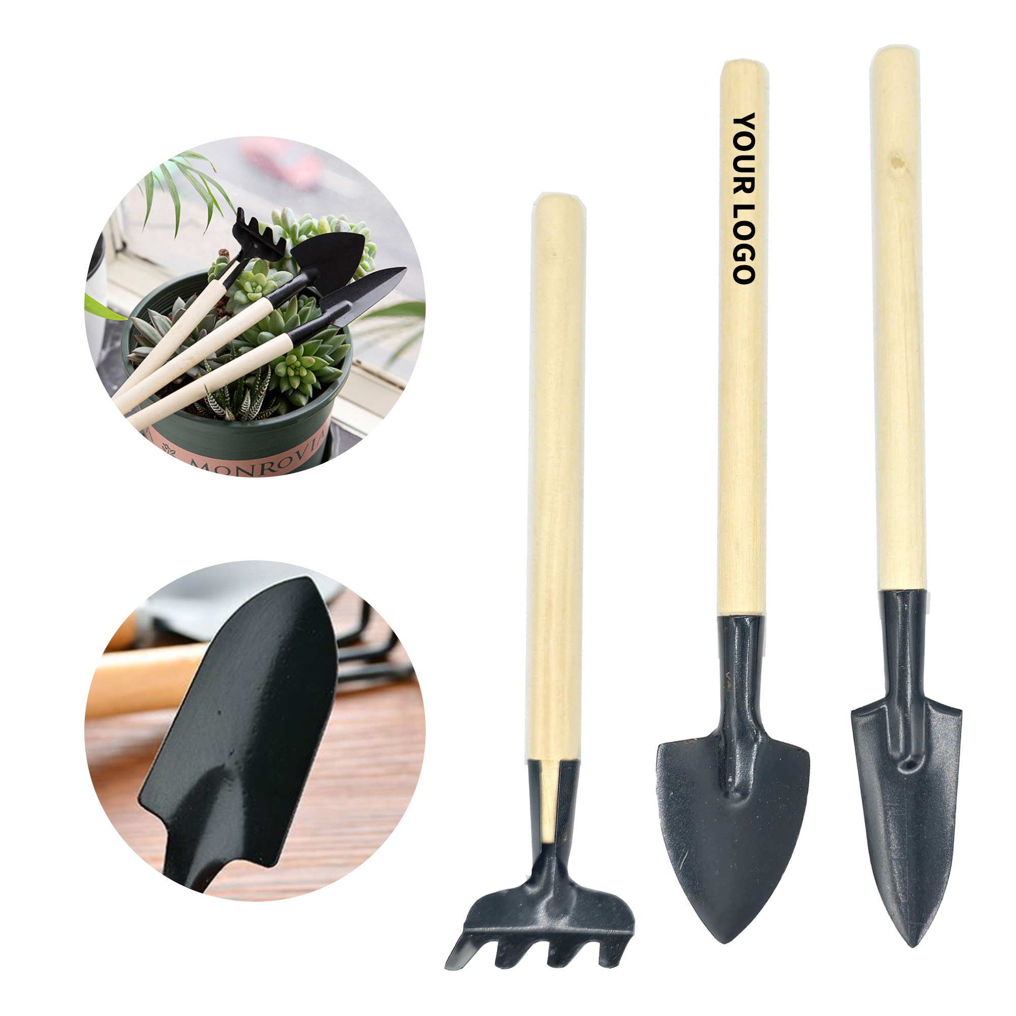 Three Piece Garden Tool Set With Wood Handle 2