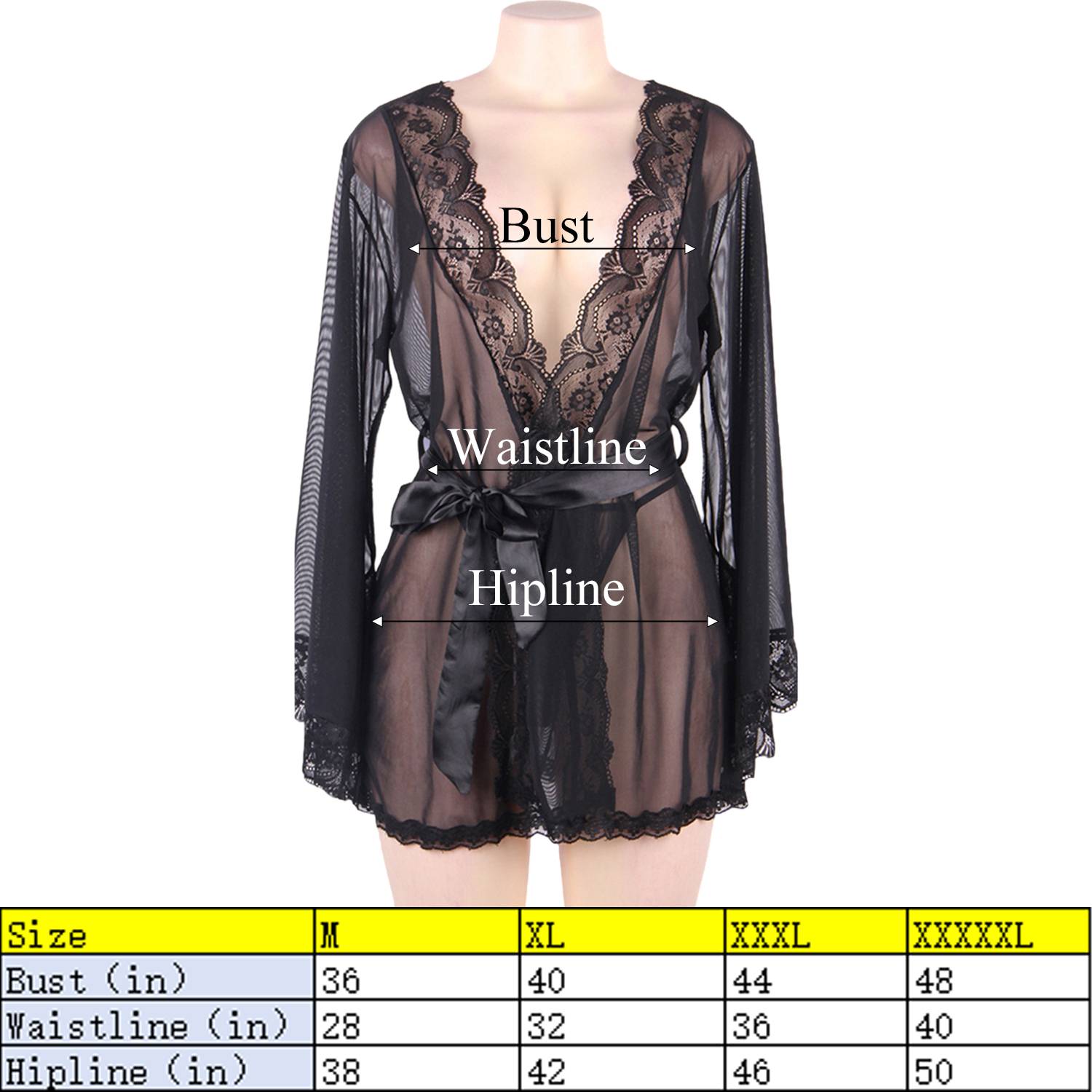Women Long Sleeve Sheer Lace Nightgown Sleepwear 8