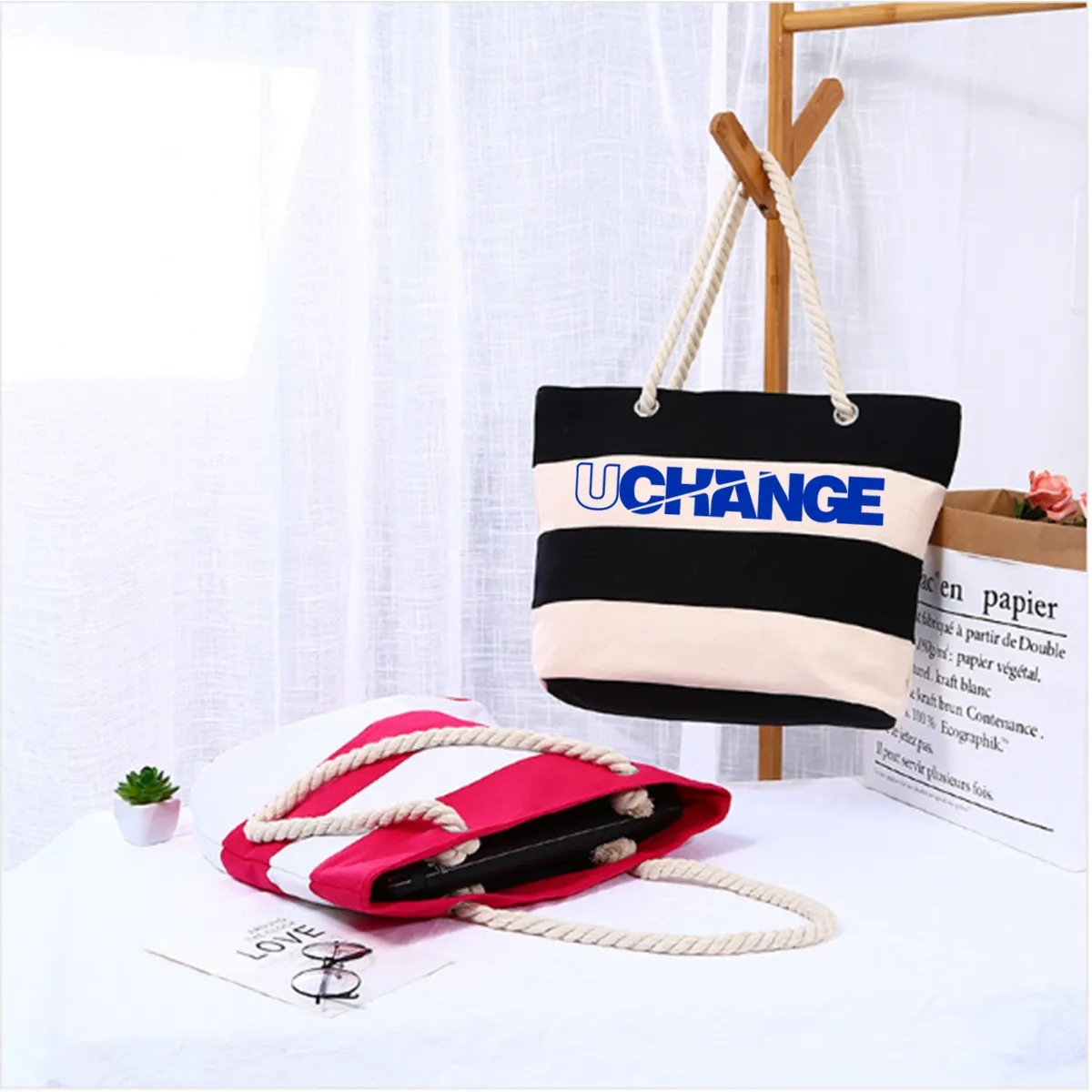 Striped Canvas Beach Tote Bag With Rope Handles 7