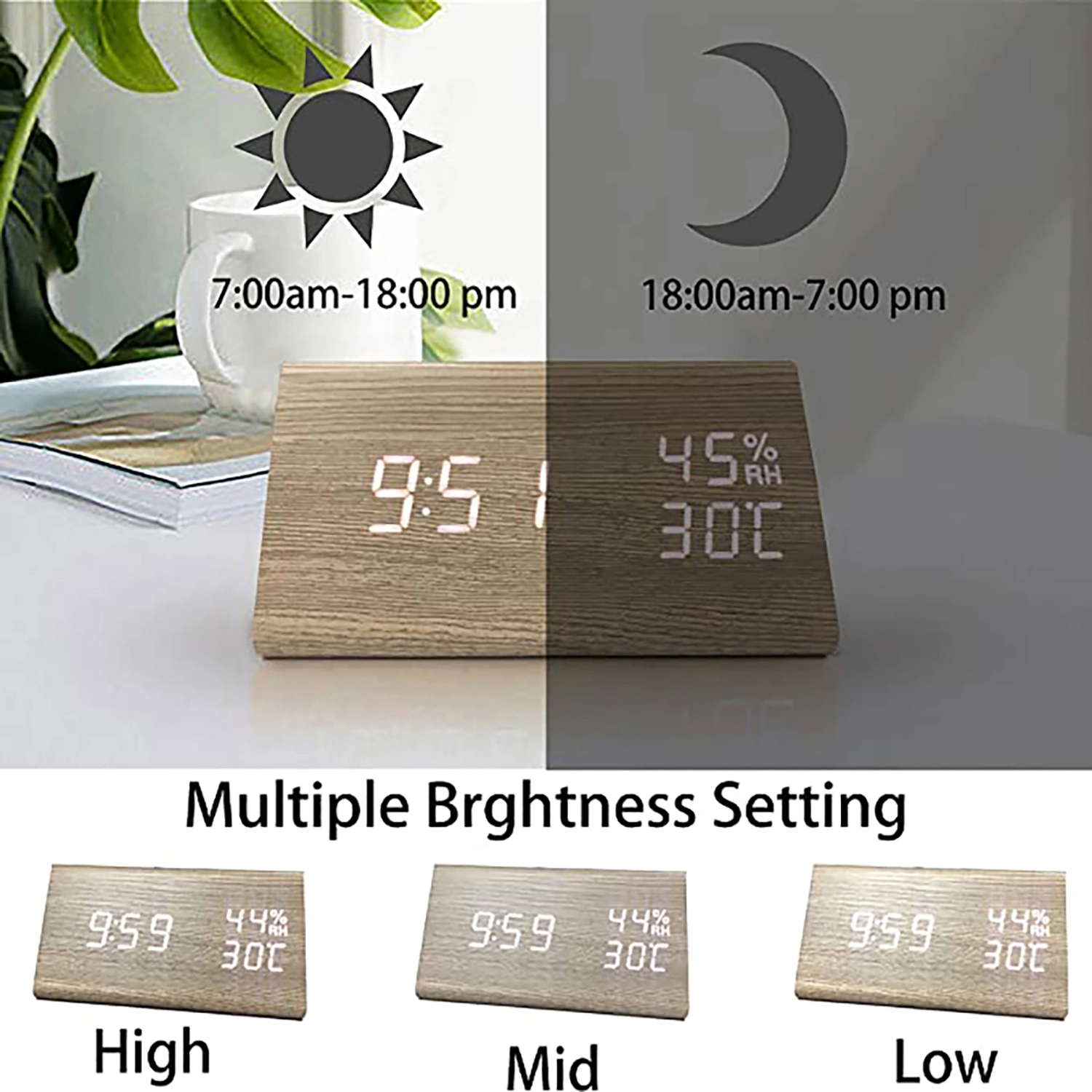 Humidity Temperature Wood Alarm Clock 4