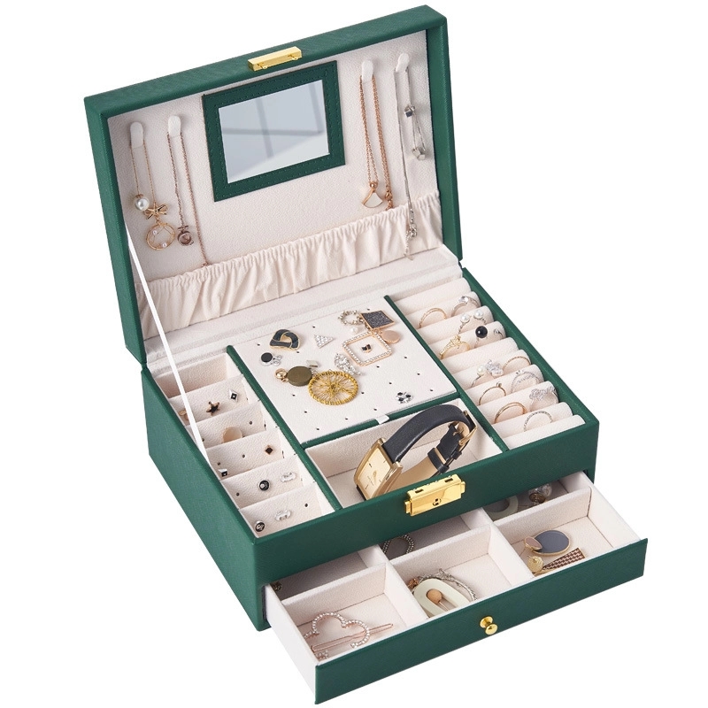 Custom 2-Layer PU Jewelry Organizer Box with Drawer & Mirror 9
