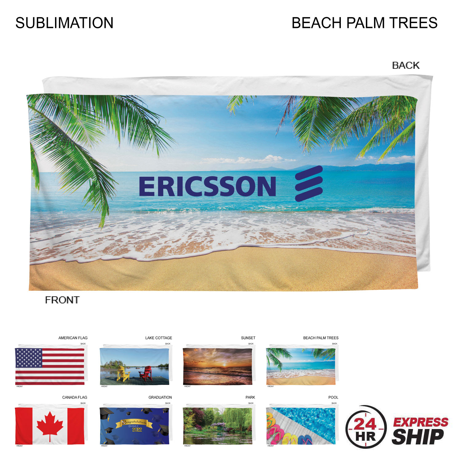 24 Hr Express Ship - Stock Design Sublimated, Heavier Weight, Plush Velour Terry Beach Towel, 30x60 18