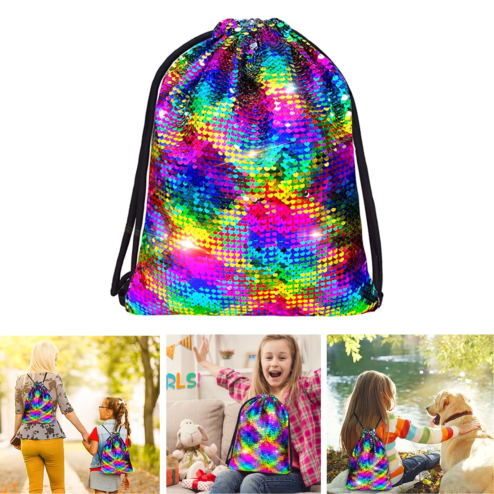 17.7 x 13.77 Inches Mermaid Reversible Sequin Drawstring Backpack 1