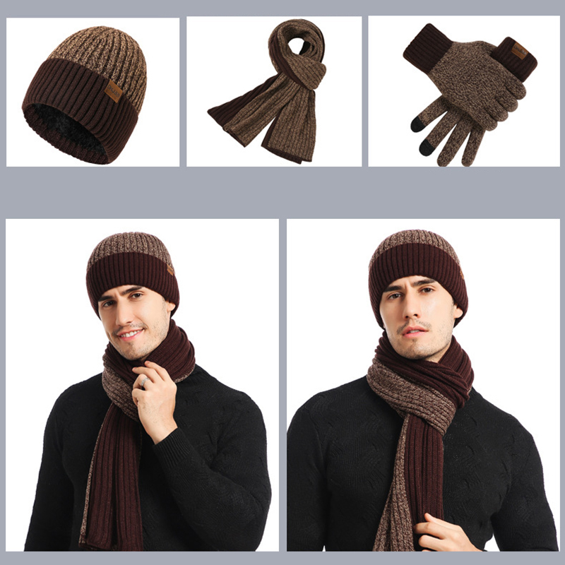 Unisex Winter Knitted Beanie Hat Scarf Touchscreen Gloves Set 14