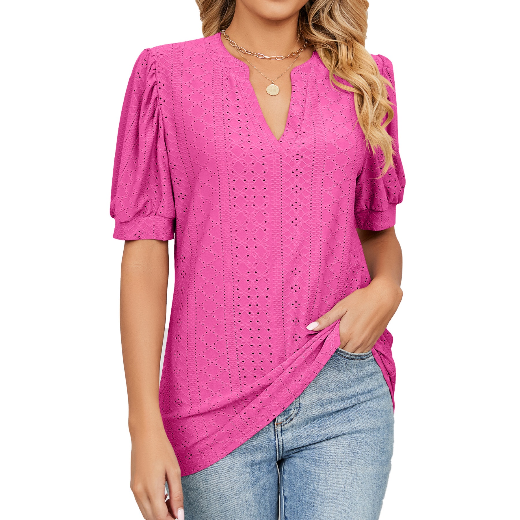 Women's Casual V Neck Solid Color Hollow Short Sleeve 7