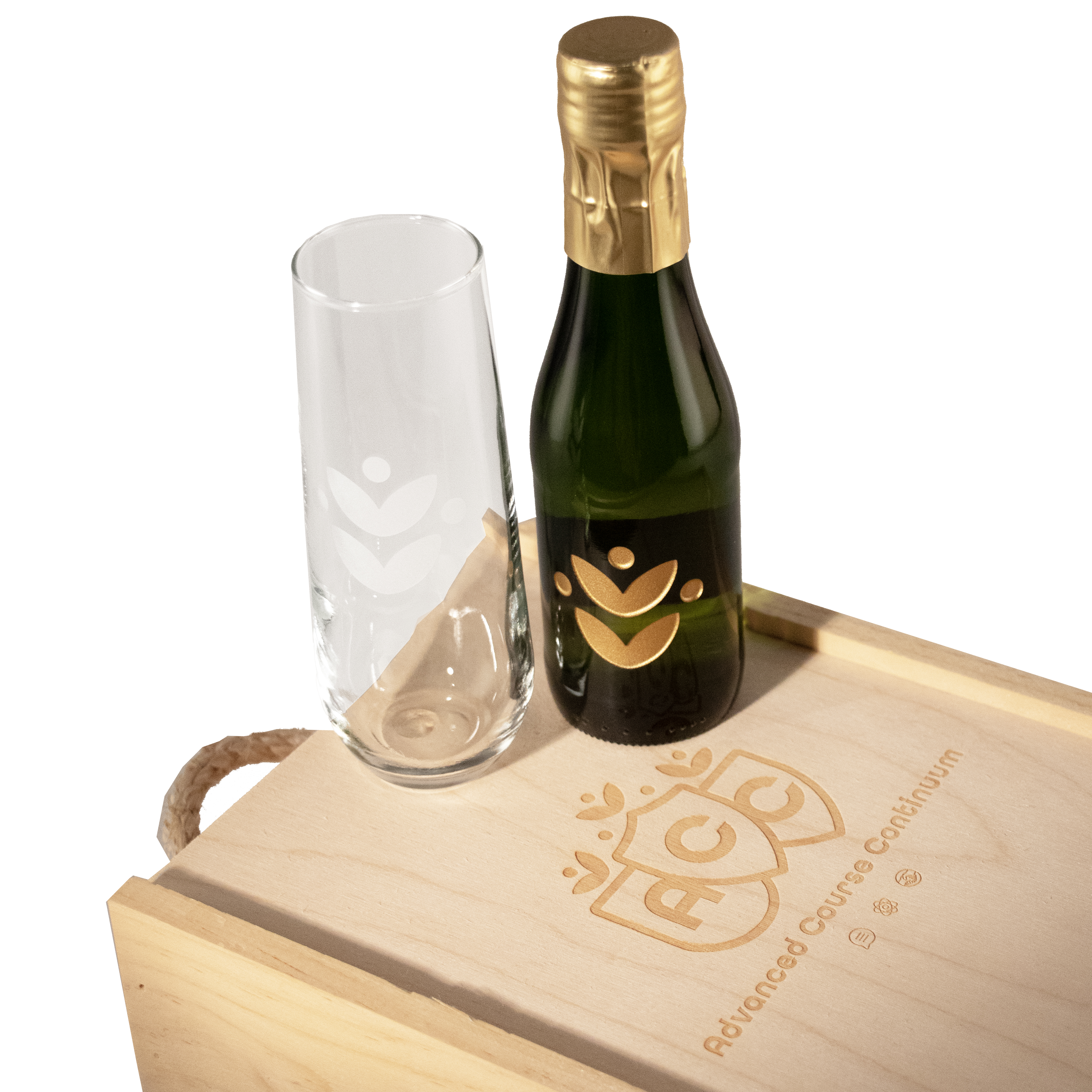 Laser-Engraved Double Half-Sized Wood Box w/Etched Mini Sparkling Wine + Flute 2