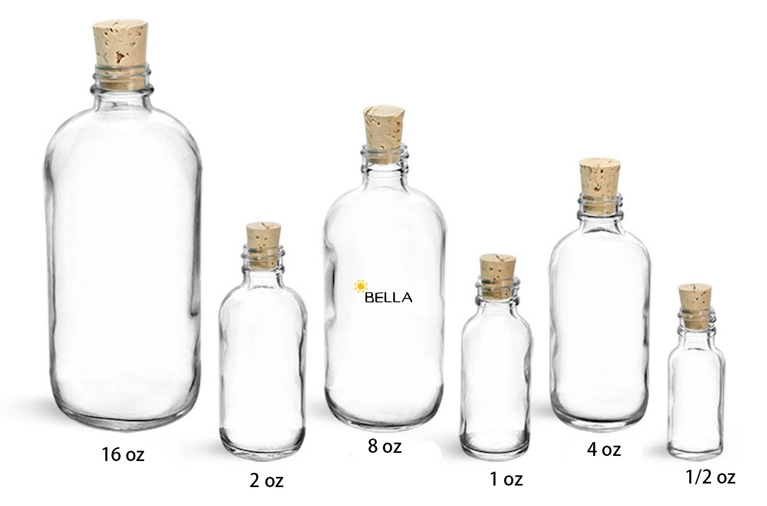 Clear Glass Boston Round Bottles W/ Cork Stoppers 4