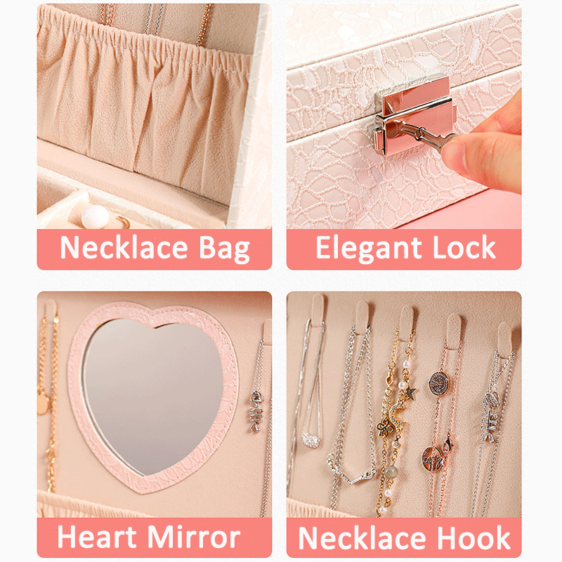 2-Layer PU Jewelry Organizer Box with Lock & Mirror / Hook 12