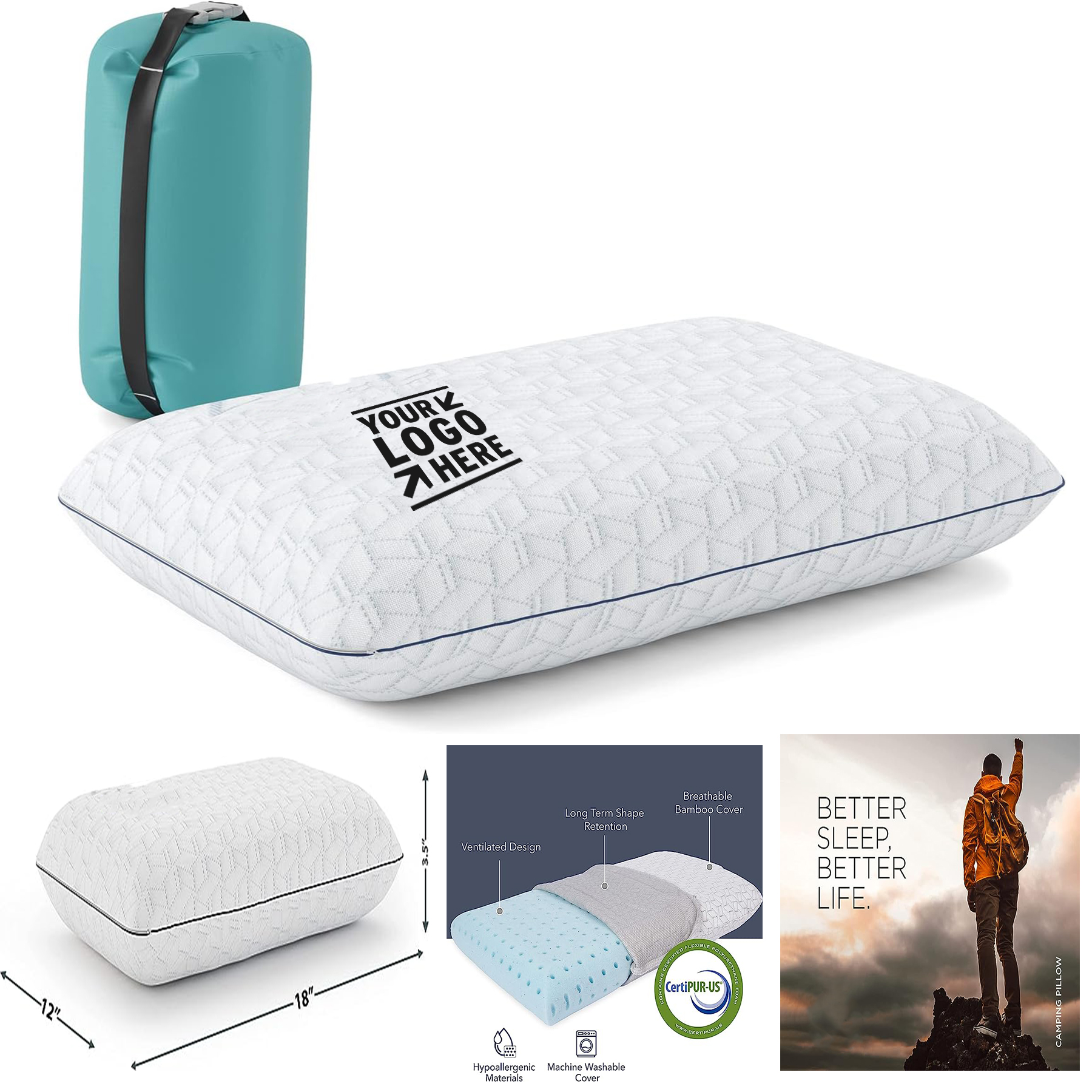 Machine Washable Compressible Medium Firm Memory Foam Breathable Bamboo Cover Travel Camping Pillow 1