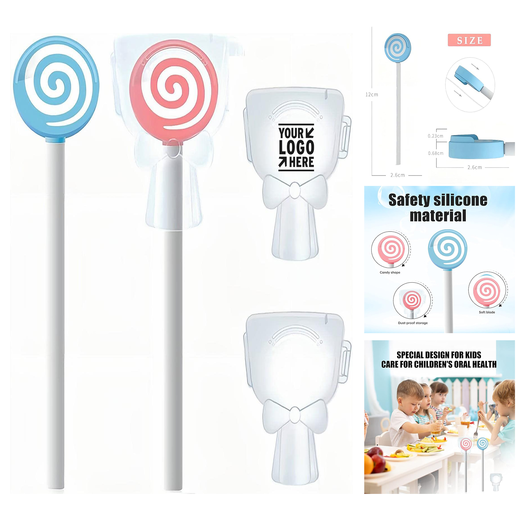 Kids Lollipop Shape Soft Silicone Tongue Scraper Cleaner Brush Set with Smiley Cover