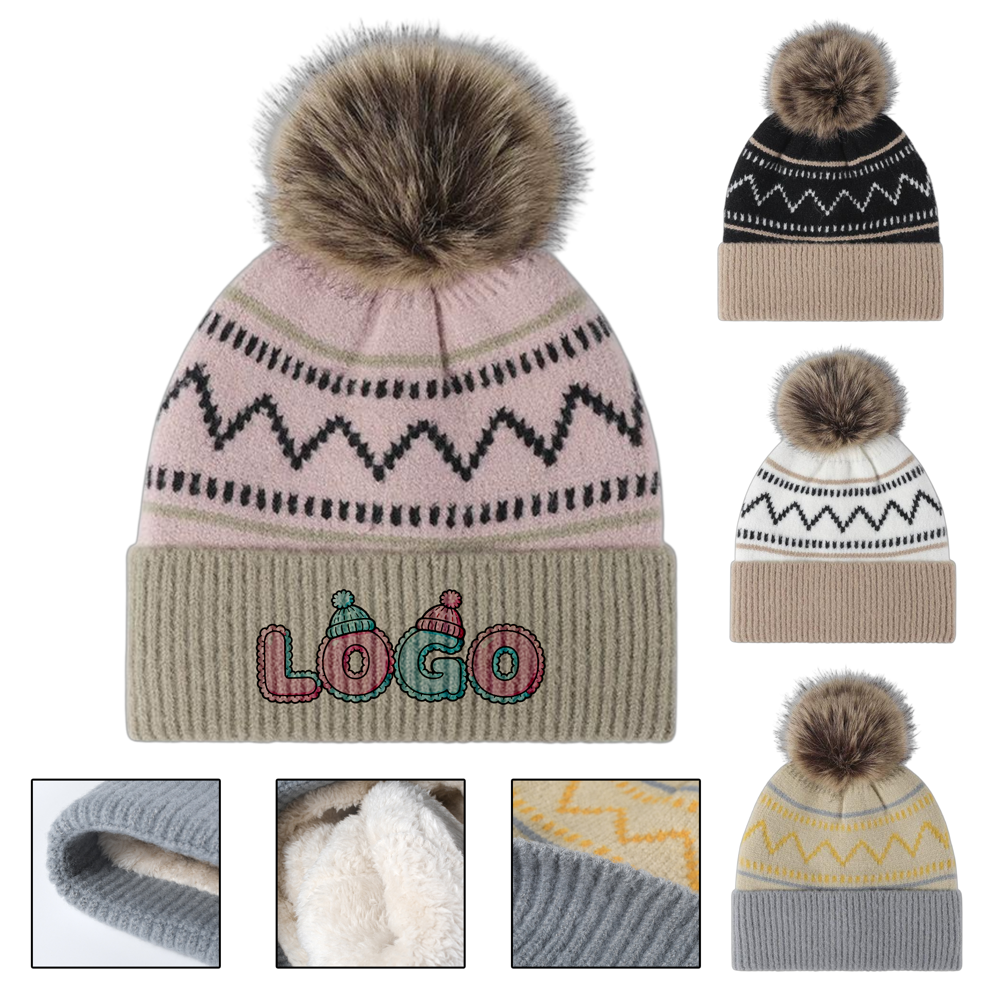 Color Blocked Striped Winter Fleece Lined Pom Hat 4