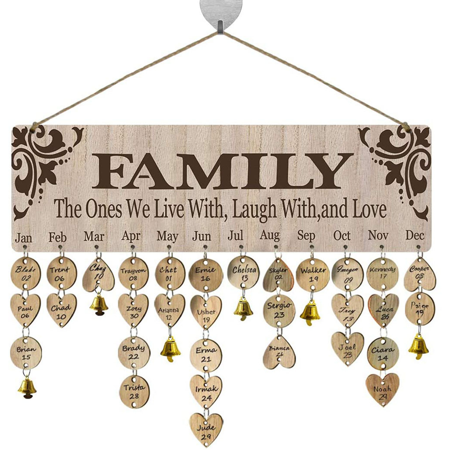 Wooden Hanging Family Birthday Calendar Board w/ Bells 3