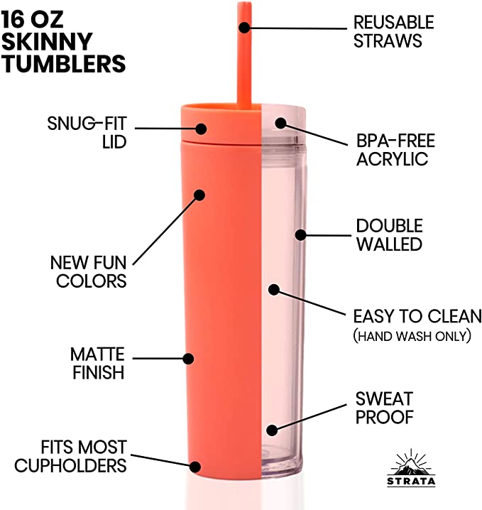 16oz Double-layer Plastic Straight Cup SKINNY Rubber Paint Tumbler / Straw 1