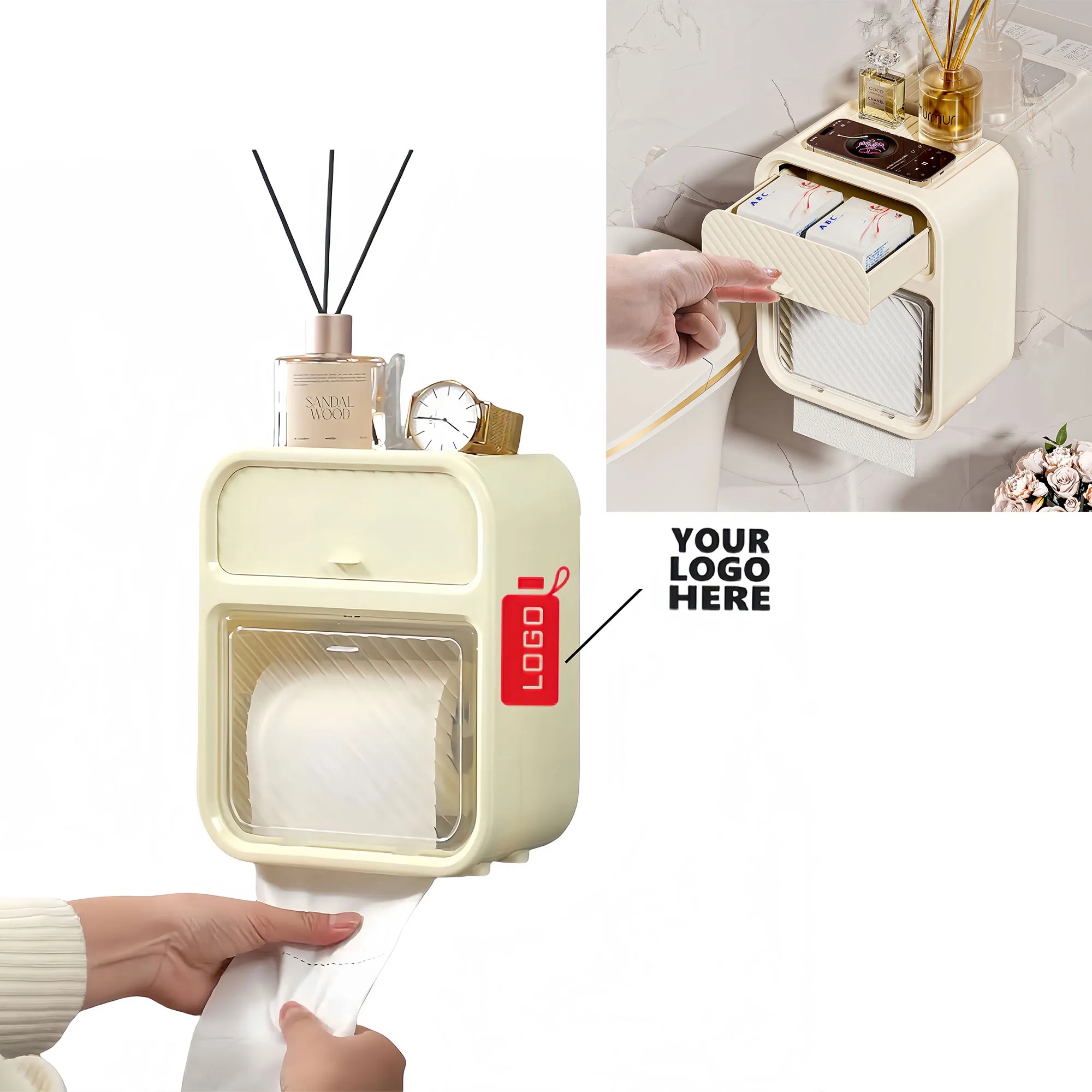 Premium Waterproof Wall Mounted Tissue Holder No Drill