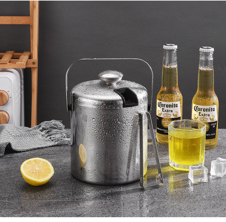 Double Wall Stainless Steel Insulated Ice Bucket with Lid Strainer and Tongs 2