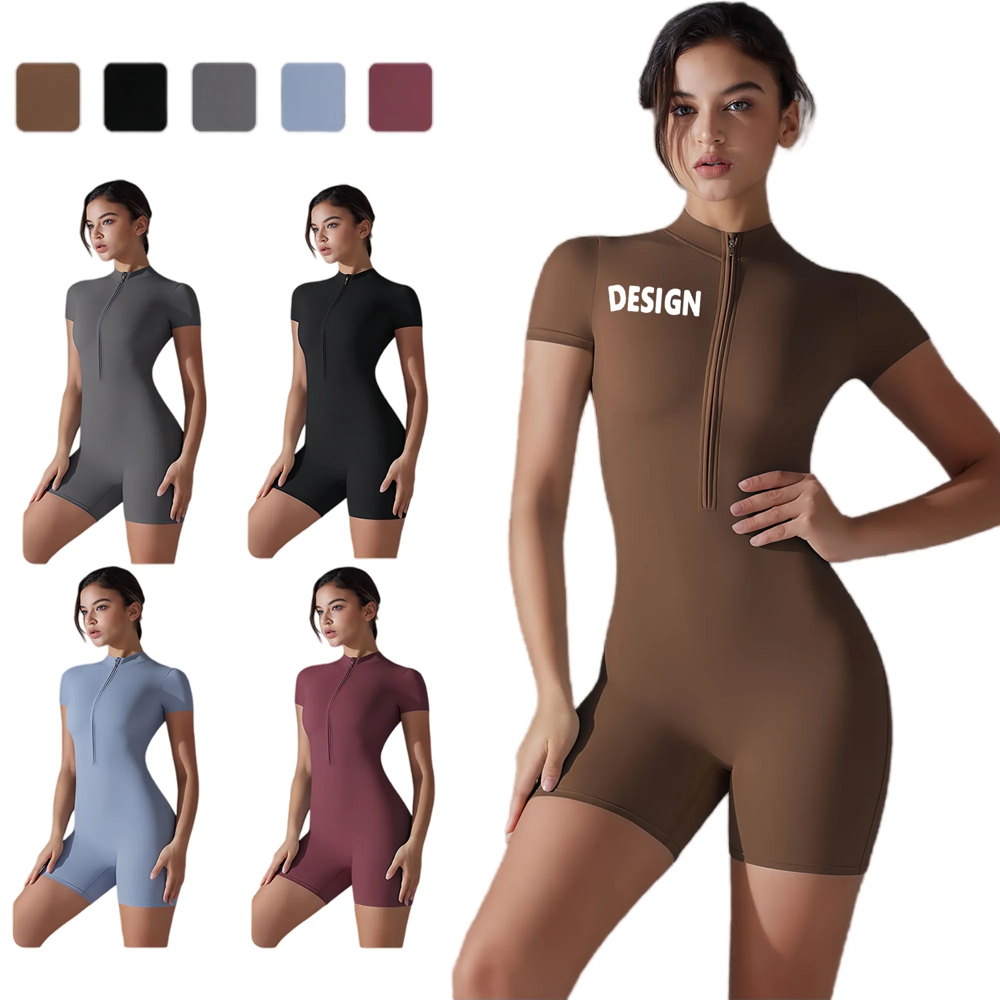 Flexible Compression Front Zip Short Sleeve Jumpsuit