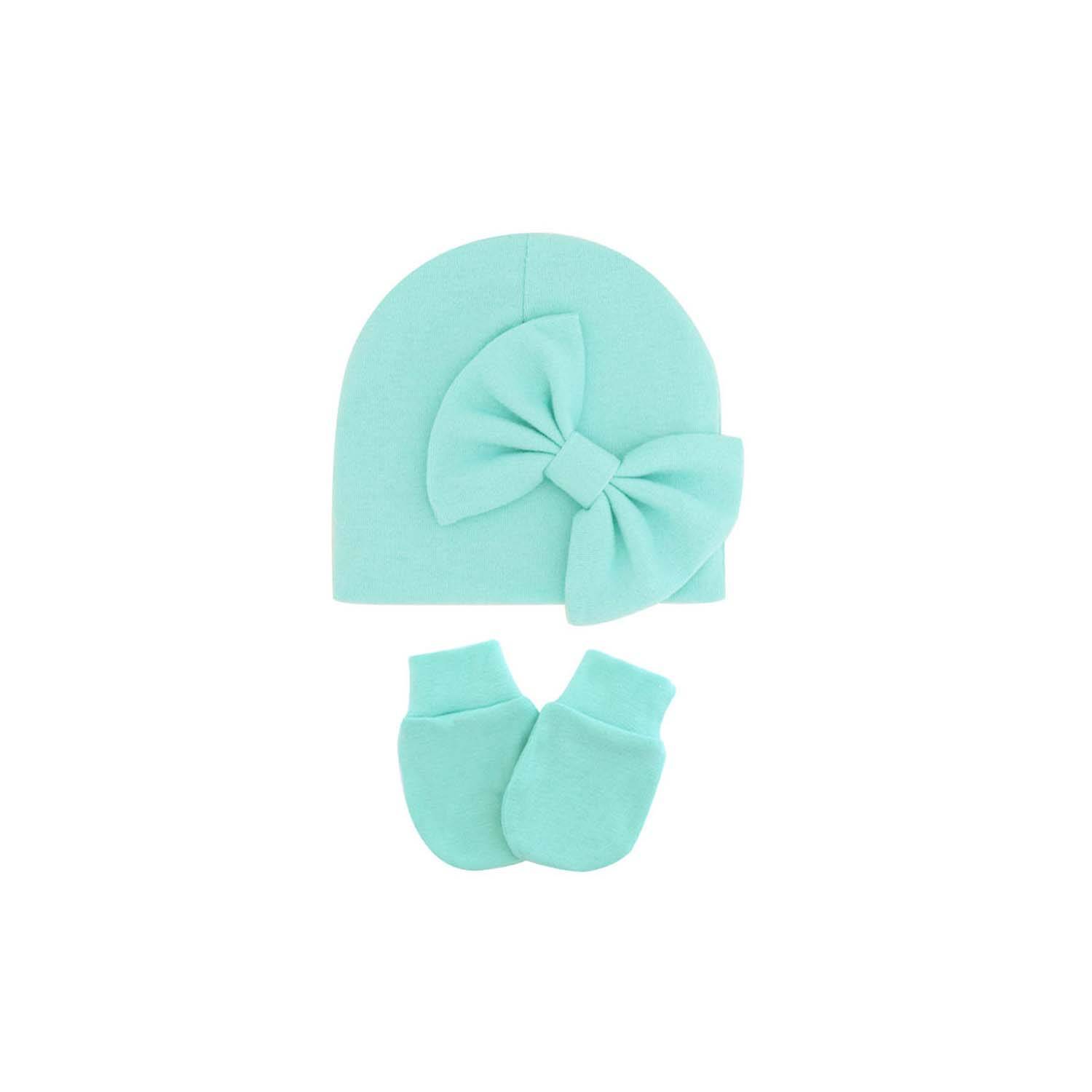 0-6 Months Solid Color Anti Scratch Gloves Bow Baby Hat 8