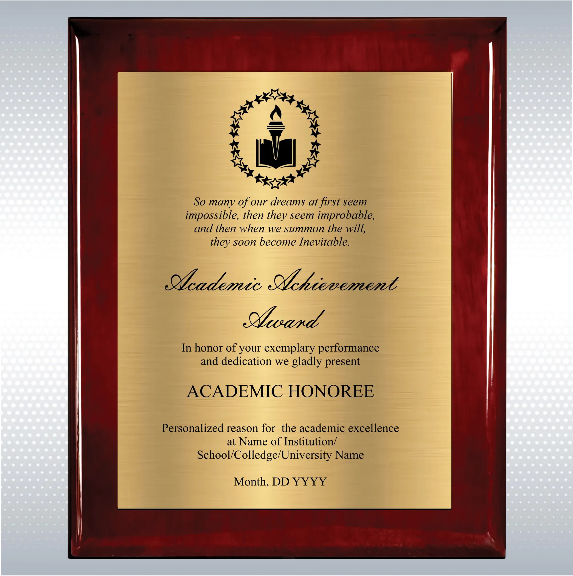 Rosewood Piano Finish Wood Plaque Academic Achievement 17