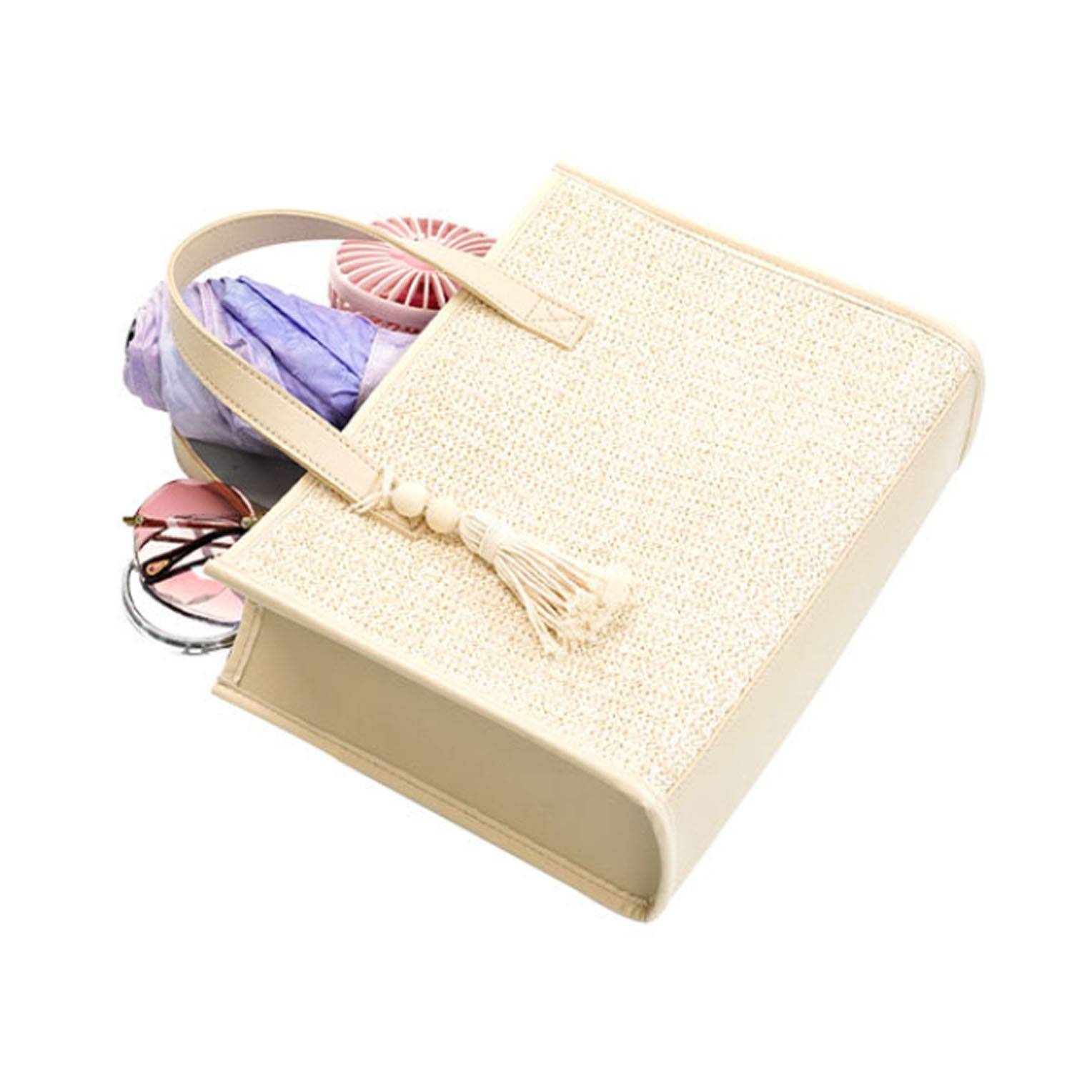 Lightweight Woven Tote Bag w/ PU Leather Handles 6
