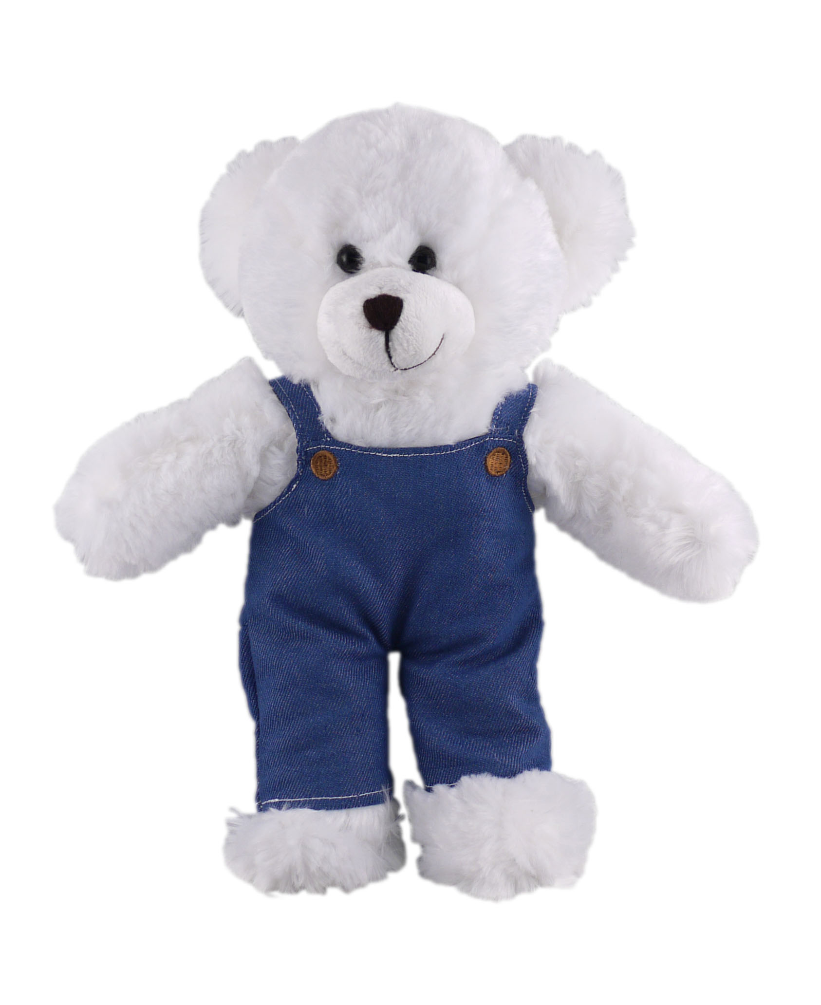 Soft Plush Stuffed White Bear in denim overall.