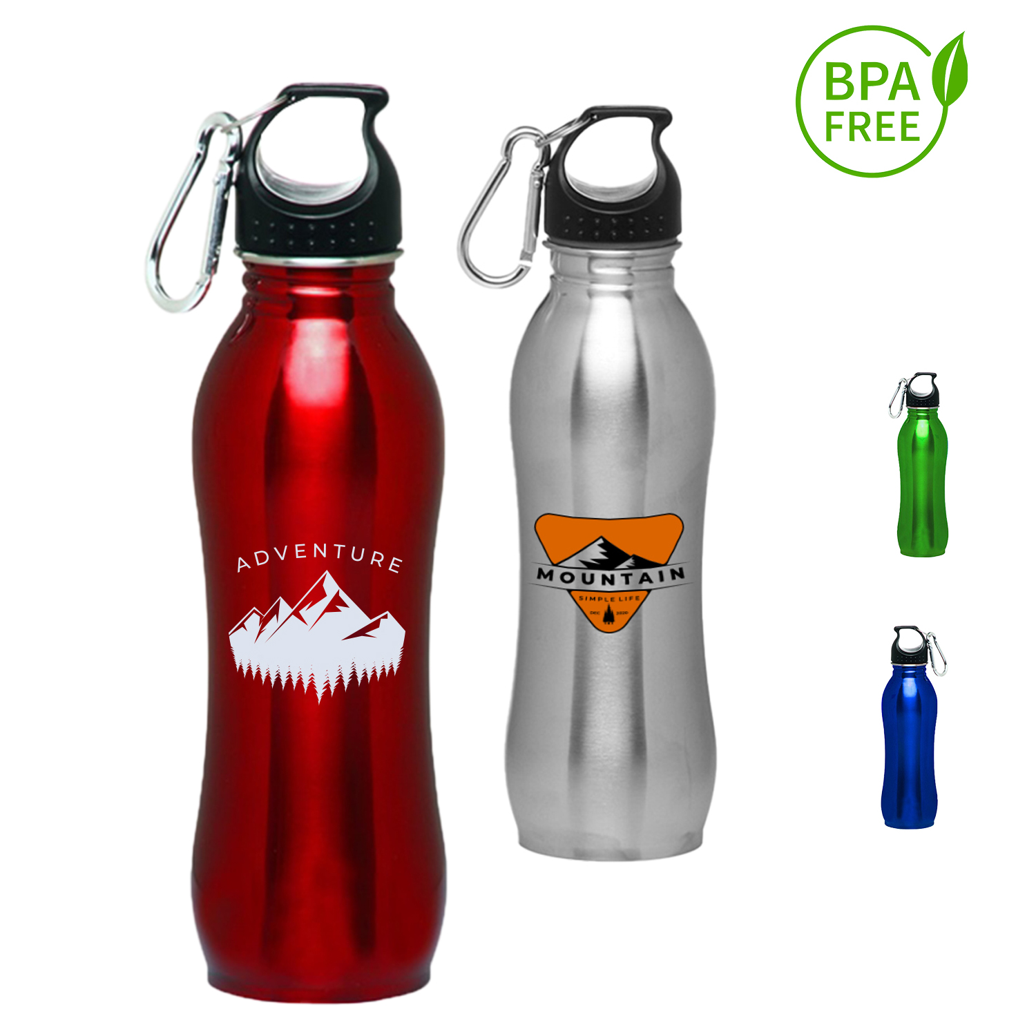 25 oz. BPA free Stainless Steel Sports Bottles w/ Carabiner, custom water bottle with logo imprint 2