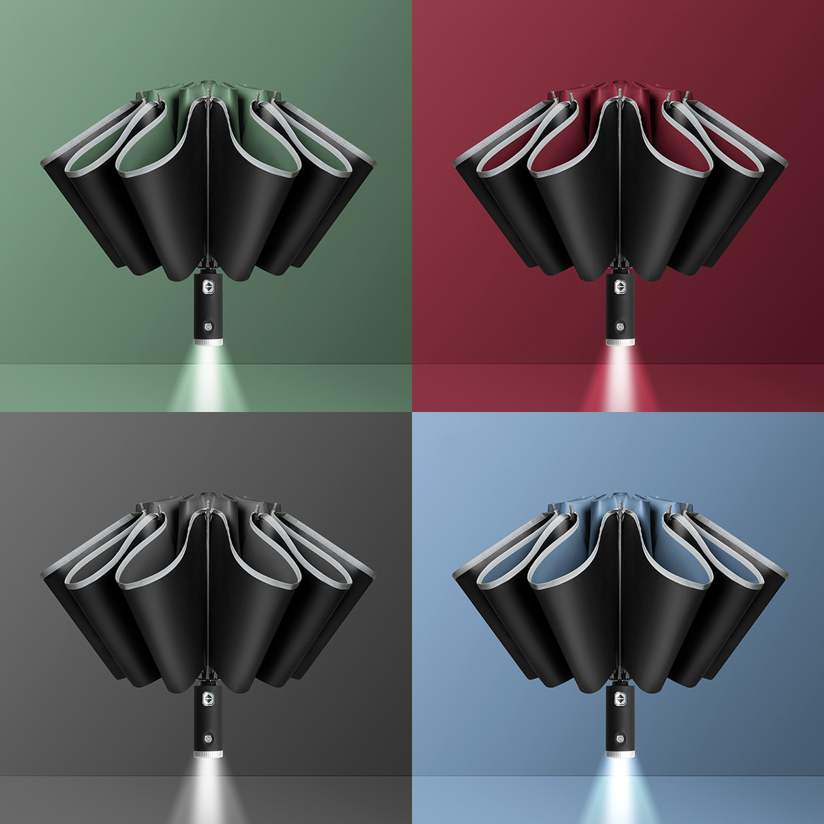 Folding Umbrella Reflective Strip LED Flashlight Handle 4