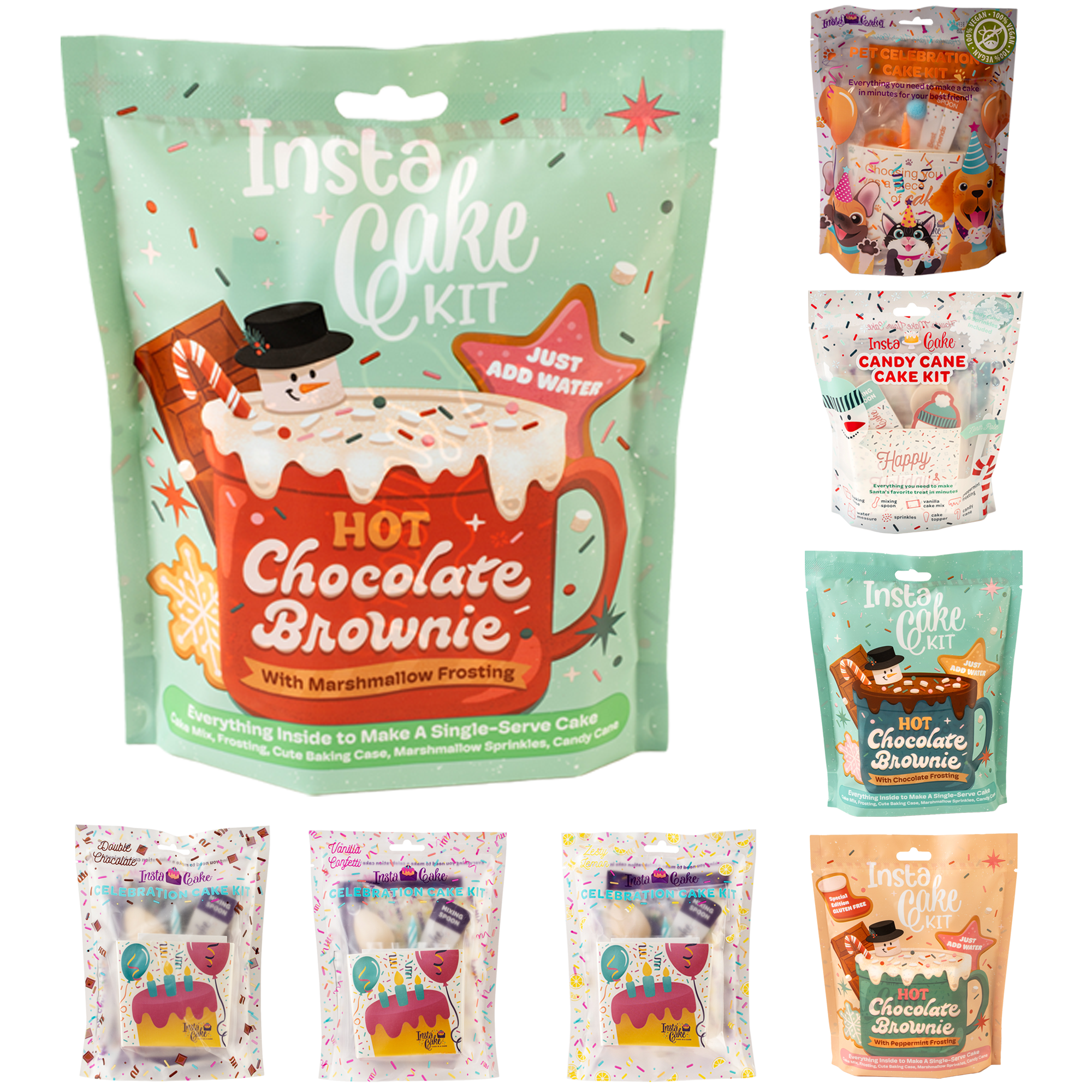 All-in-one celebration kit with a pop-up baking case, cake mix, frosting, sprinkles, candle, spoon, and water measure—just add water and microwave. 11