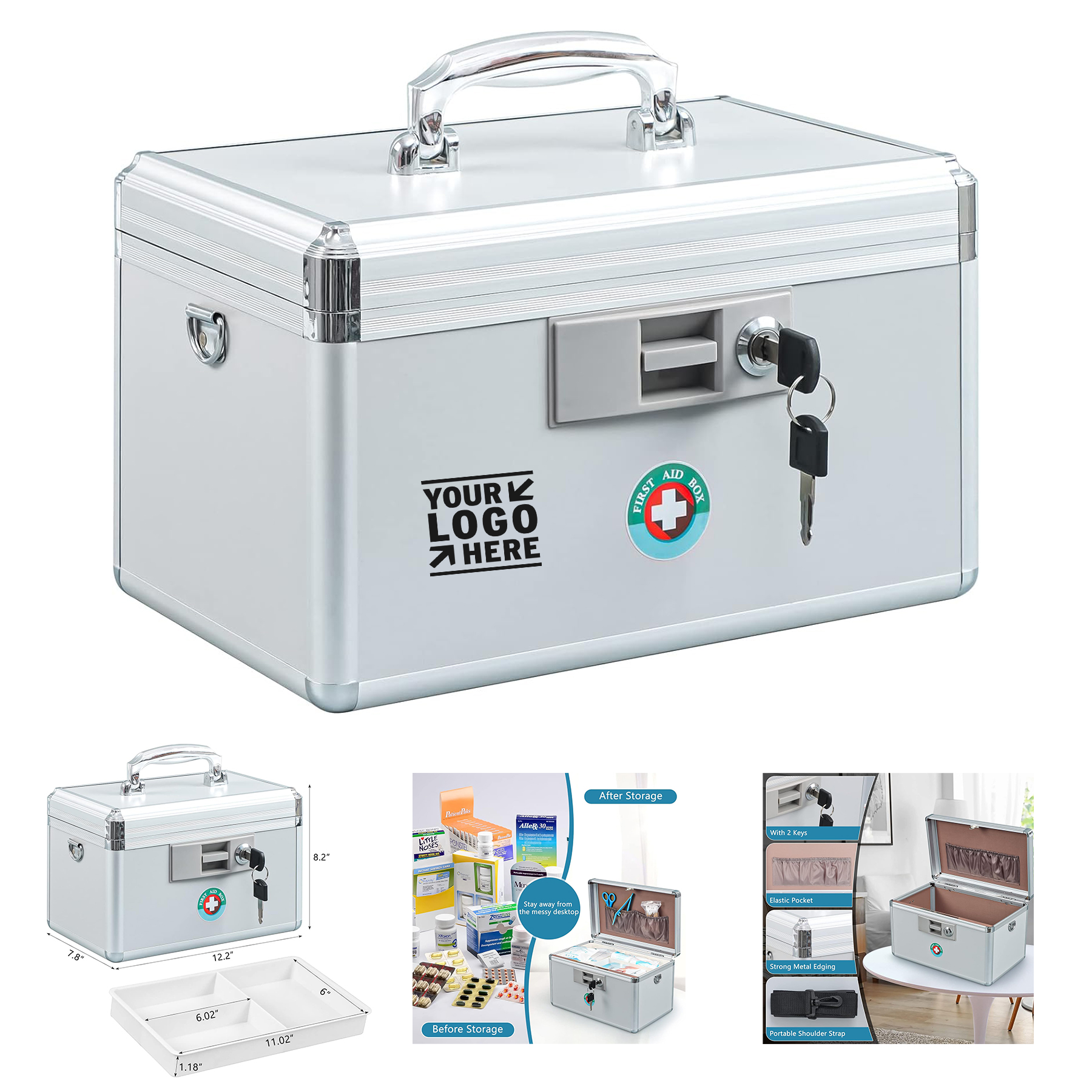 12.2'' x 7.8'' x 8.2'' Locking Key First Aid Medicine Drugs Storage Box 