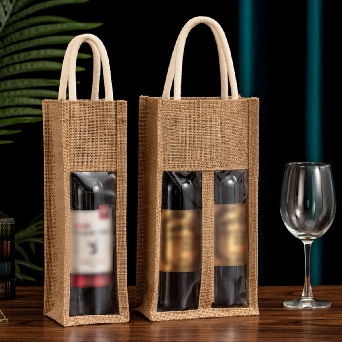 Natural Jute Wine Tote Gift Bag with Dividers Double Window, custom tote bag with logo imprint 4
