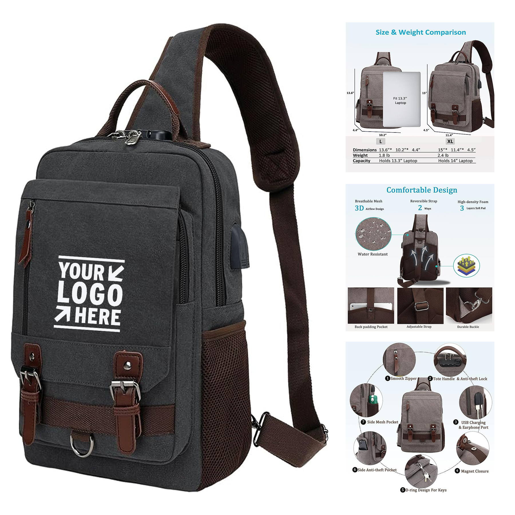 Travel Canvas Messenger Bag Laptop Casual Sling Crossbody Backpack for Men Women 2