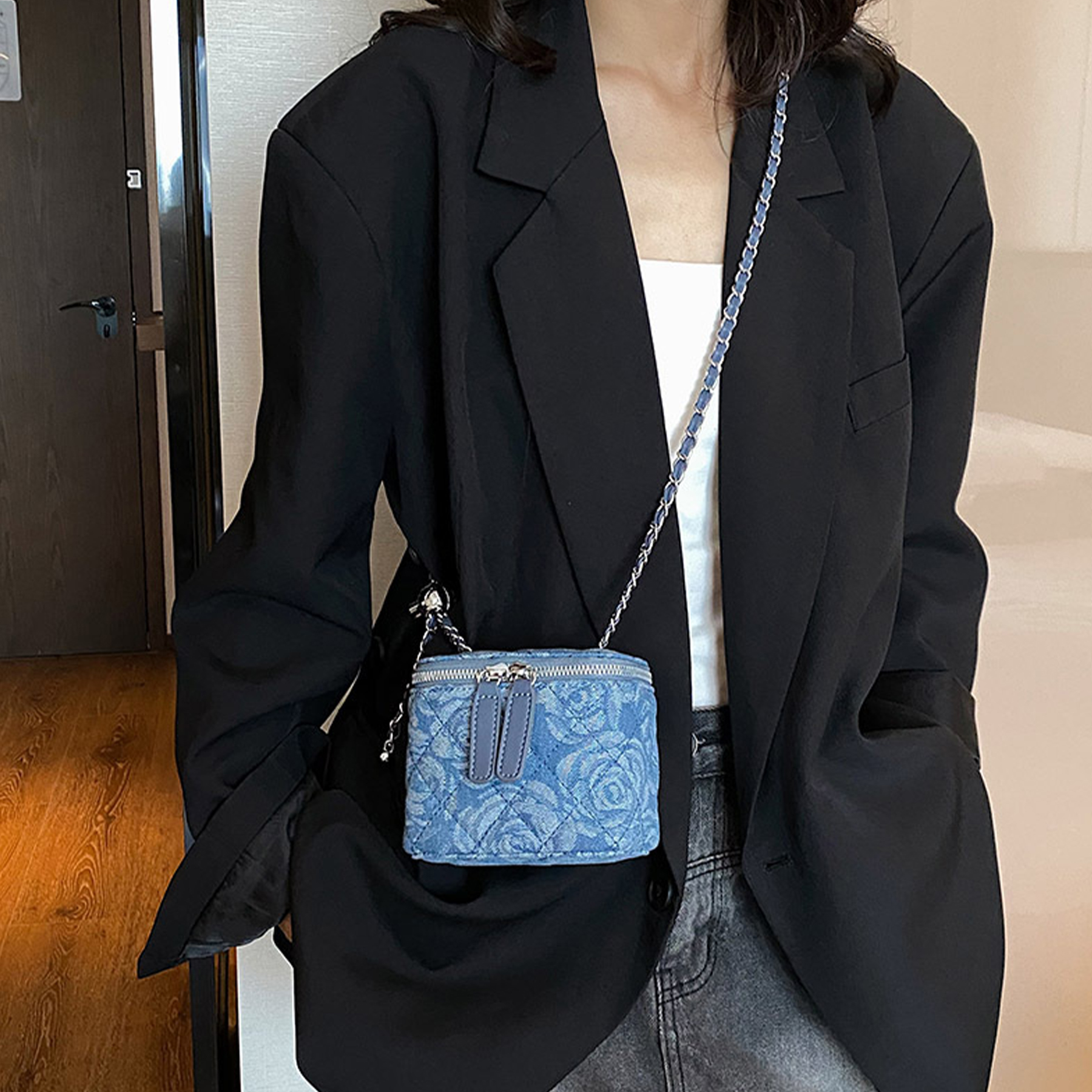 Cotton One-shoulder diamond grid bag 3