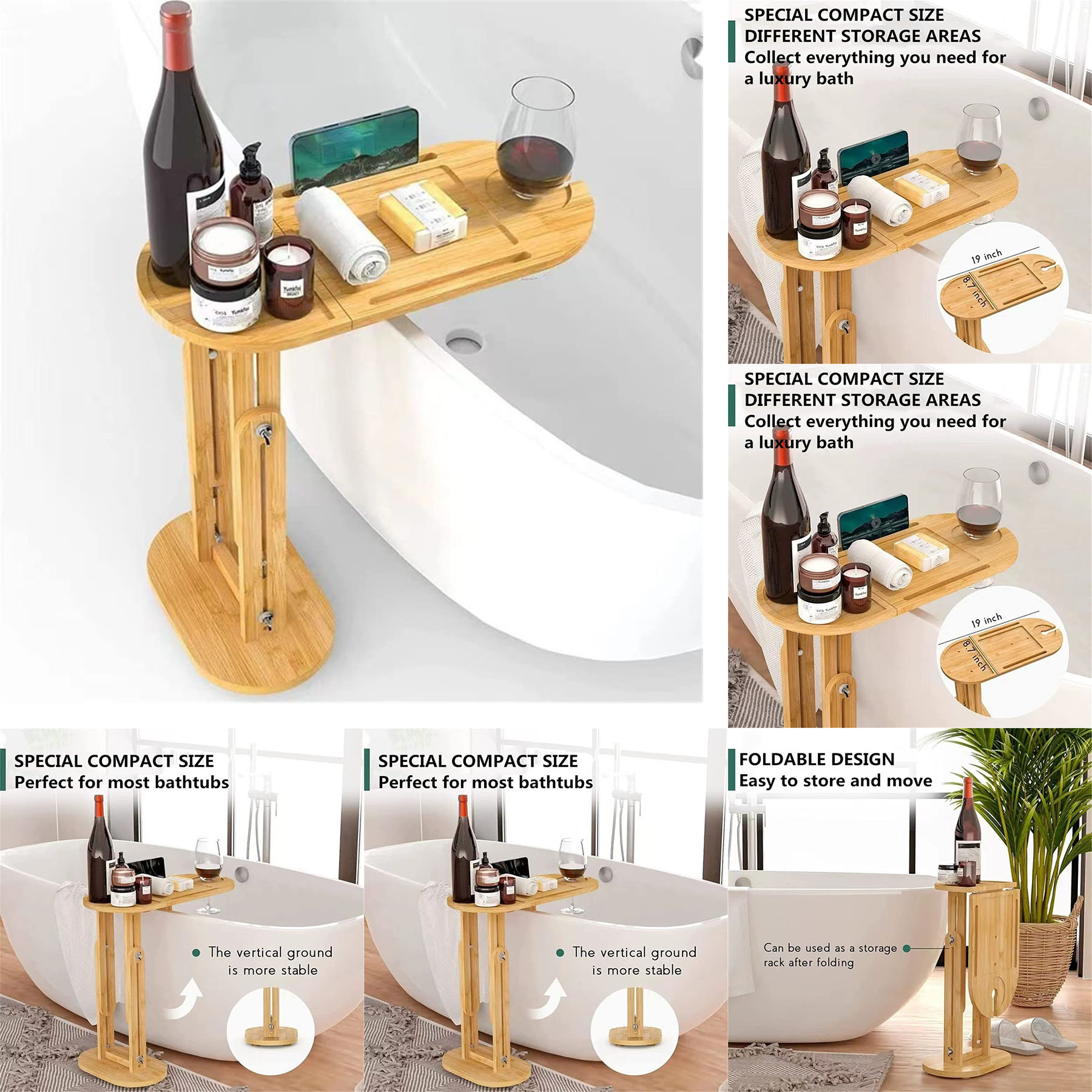 Bamboo Bathtub Tray Table with Adjustable Height 2