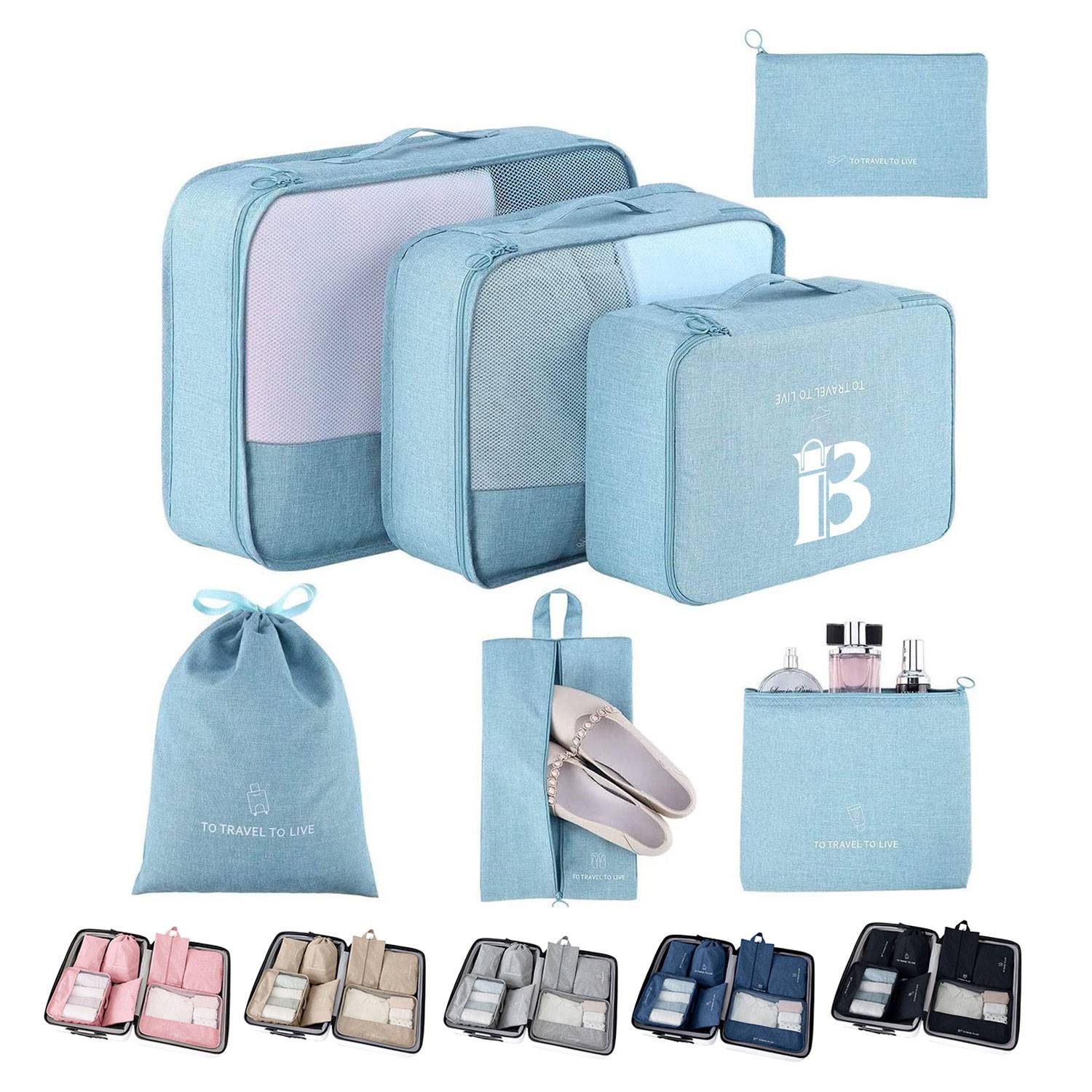 Travel Packing Cubes Luggage Organizers W/ Shoe Bag