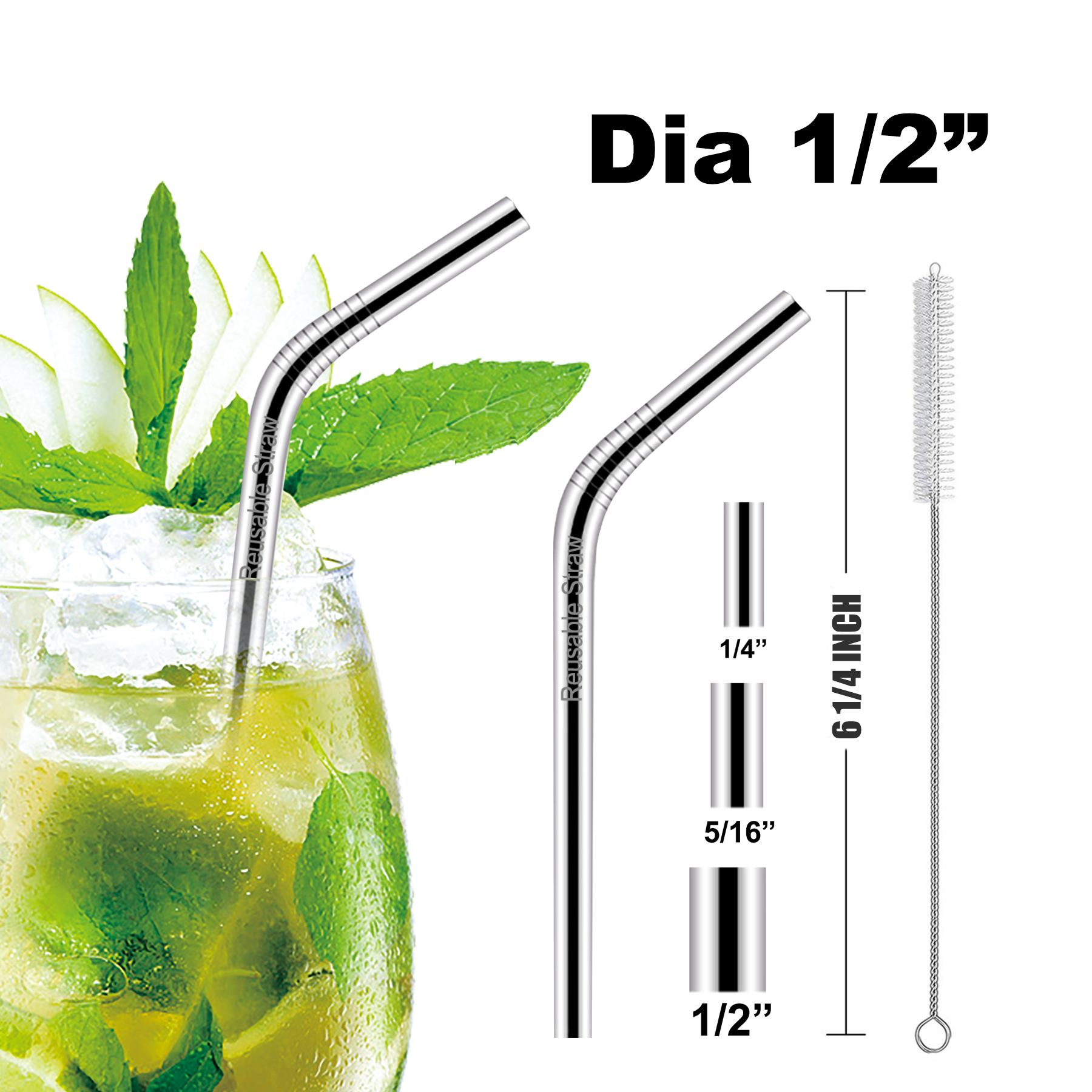 6 1/4"L 1/2"Dia Stainless Steel Straws 5