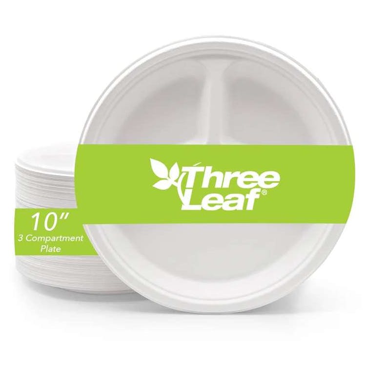Three Leaf 10" 3 Compartment Bagasse Round Plates 25 Pack 2