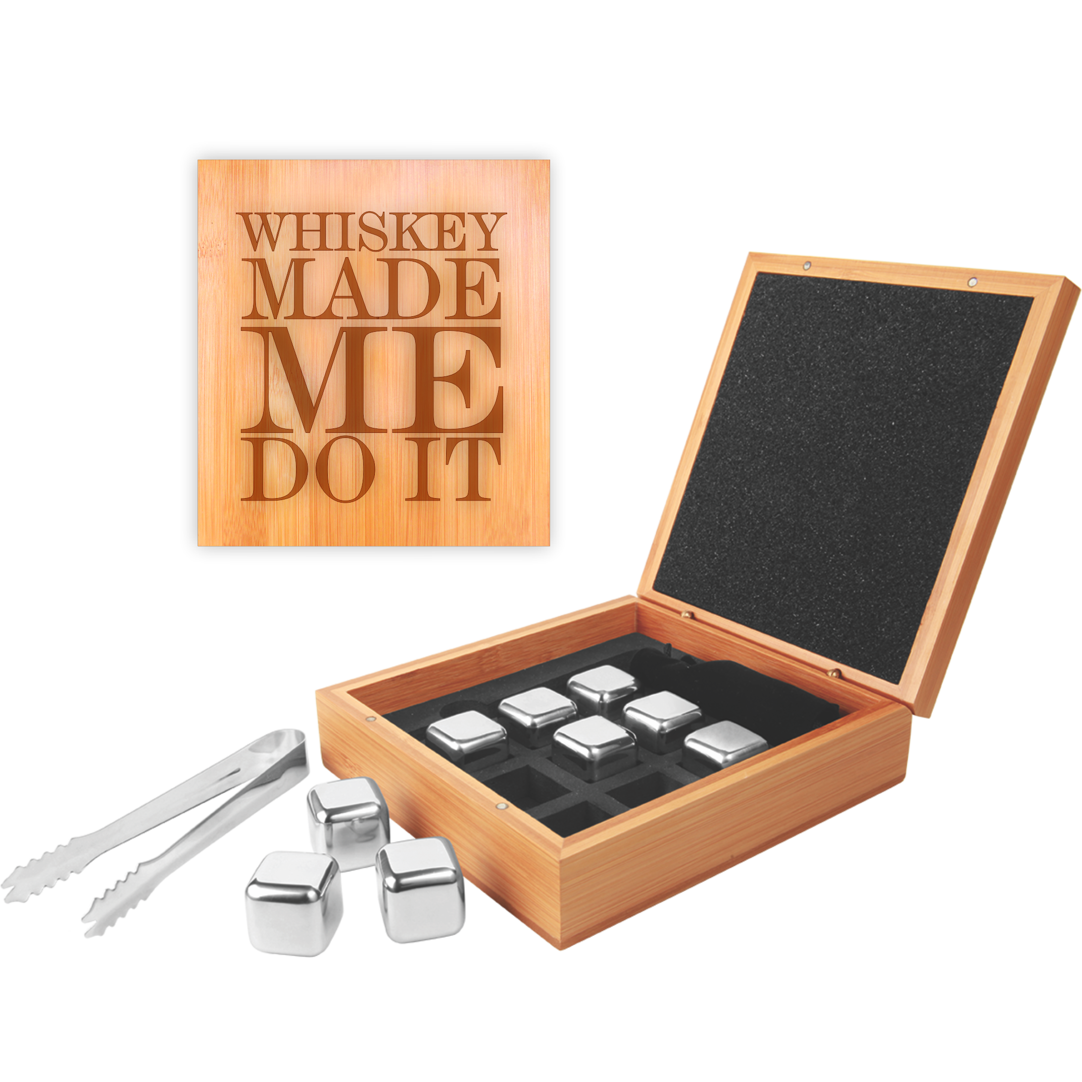 6 1/4" X 6 3/4" Stainless Steel Whiskey Stone Set In Bamboo Case 1