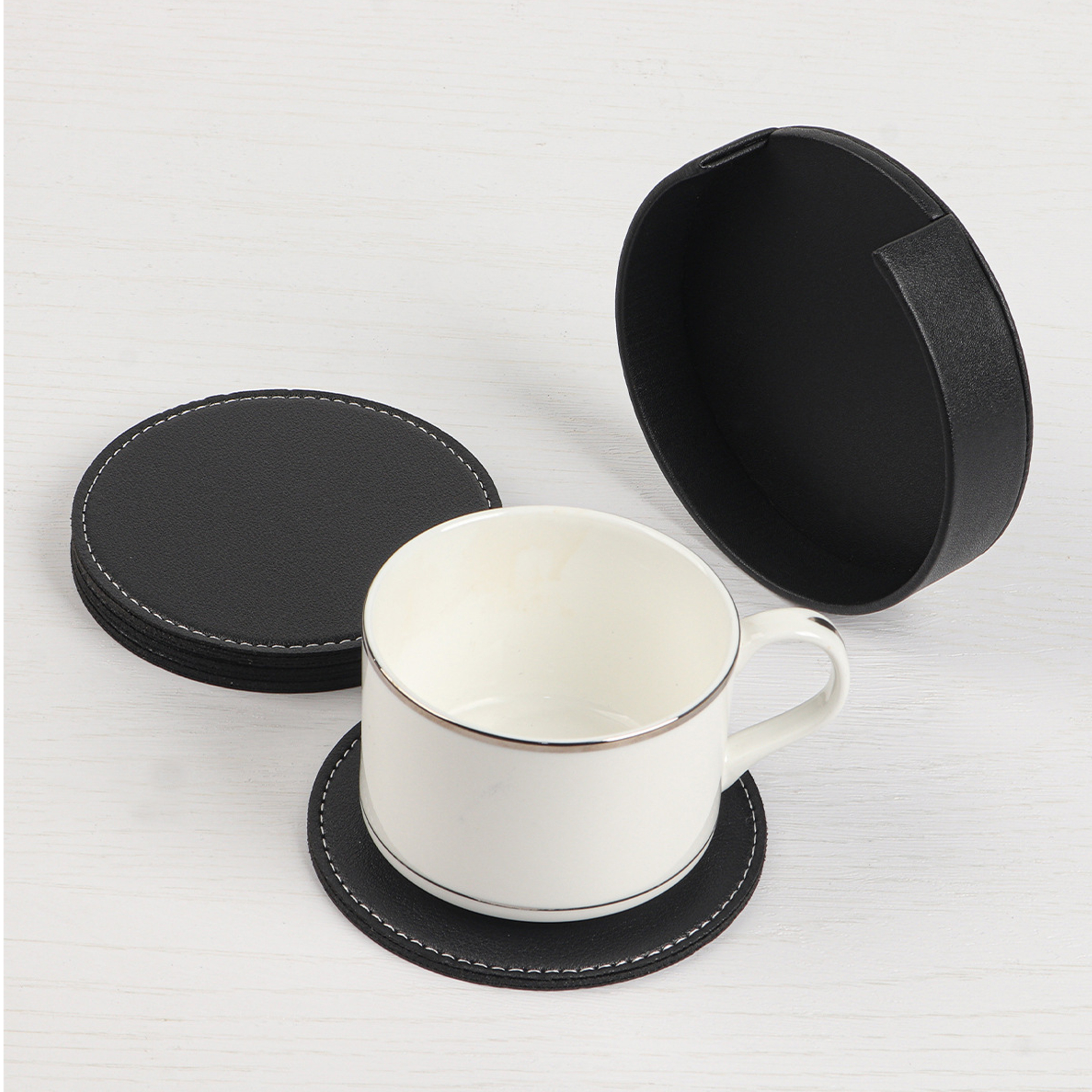 Round Leather Coaster Set 6pcs with Holder 4