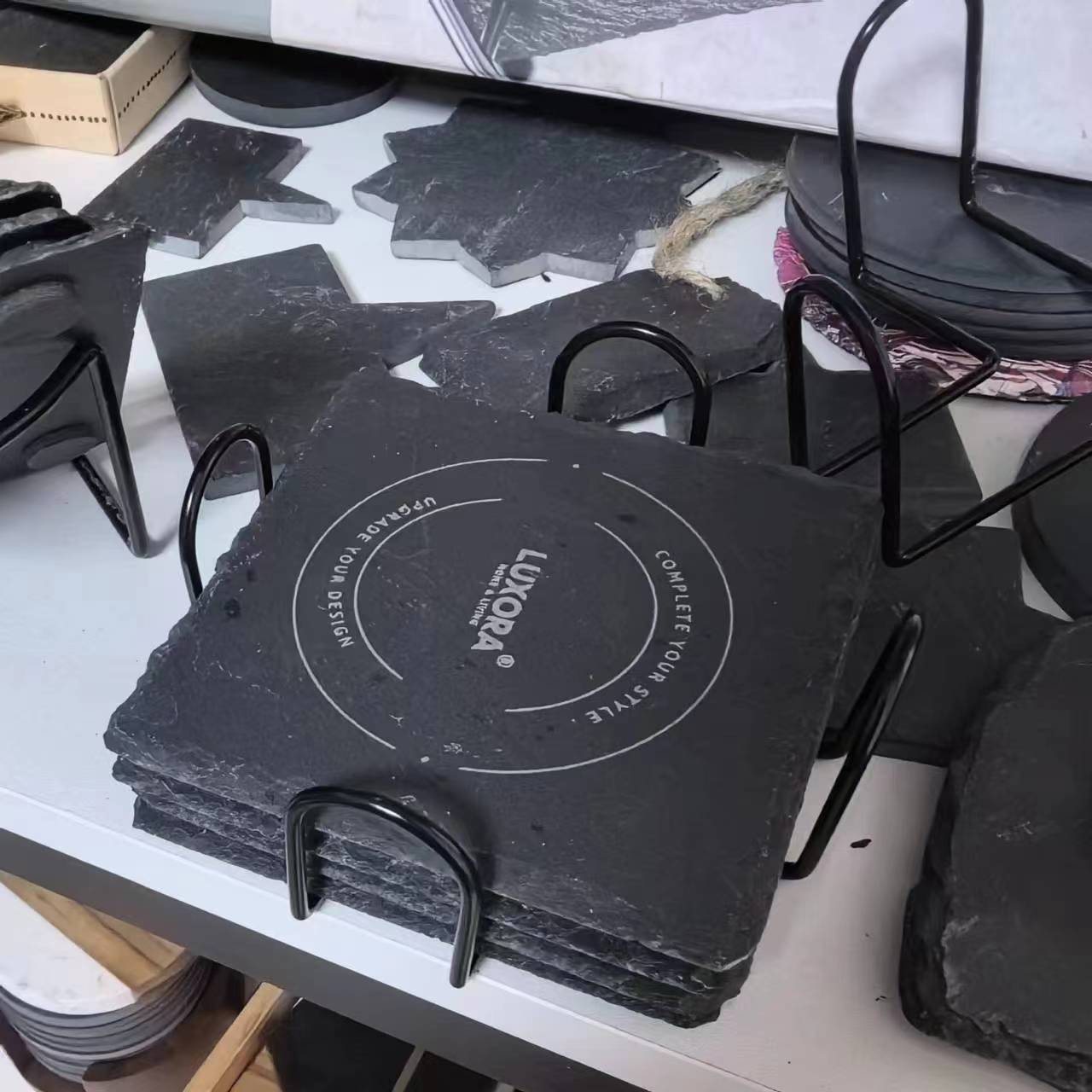 Set of Four Slate Coasters includes Metal Coaster Holder 2