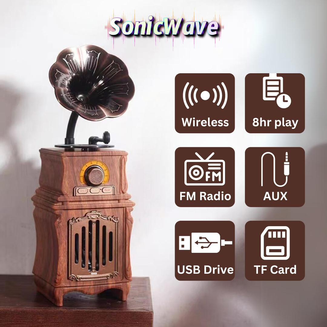 SonicWave Vintage Classic Gramophone Bluetooth Speaker with USB, TF Card & FM Radio 4