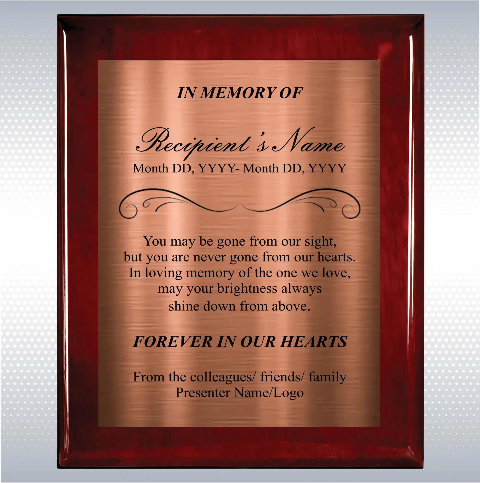 Rosewood Piano Finish Wood Personalized Memorial Plaque Gift 6