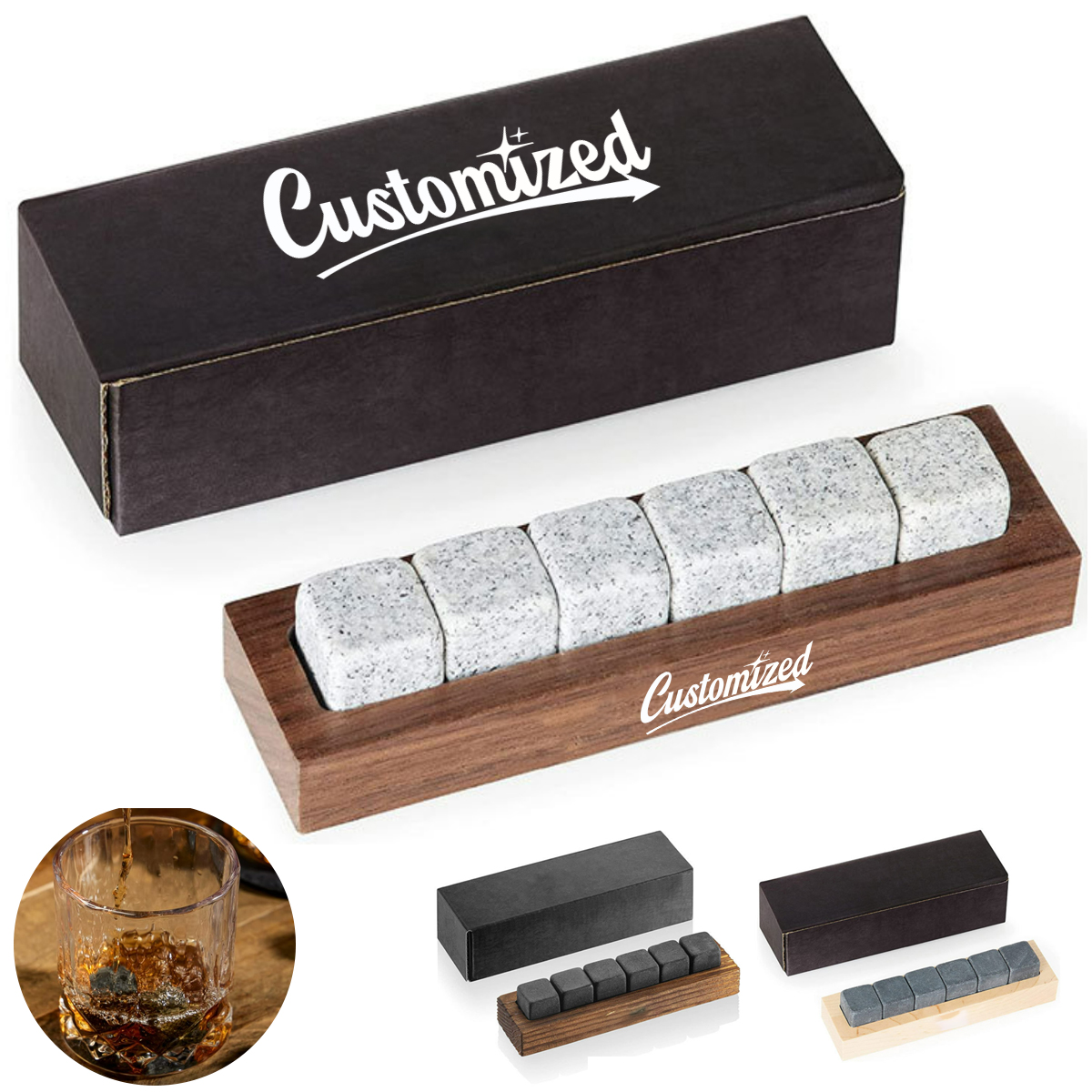 Whiskey Chilling Stones Gift Set W/ Wooden Tray and Gift Box 5