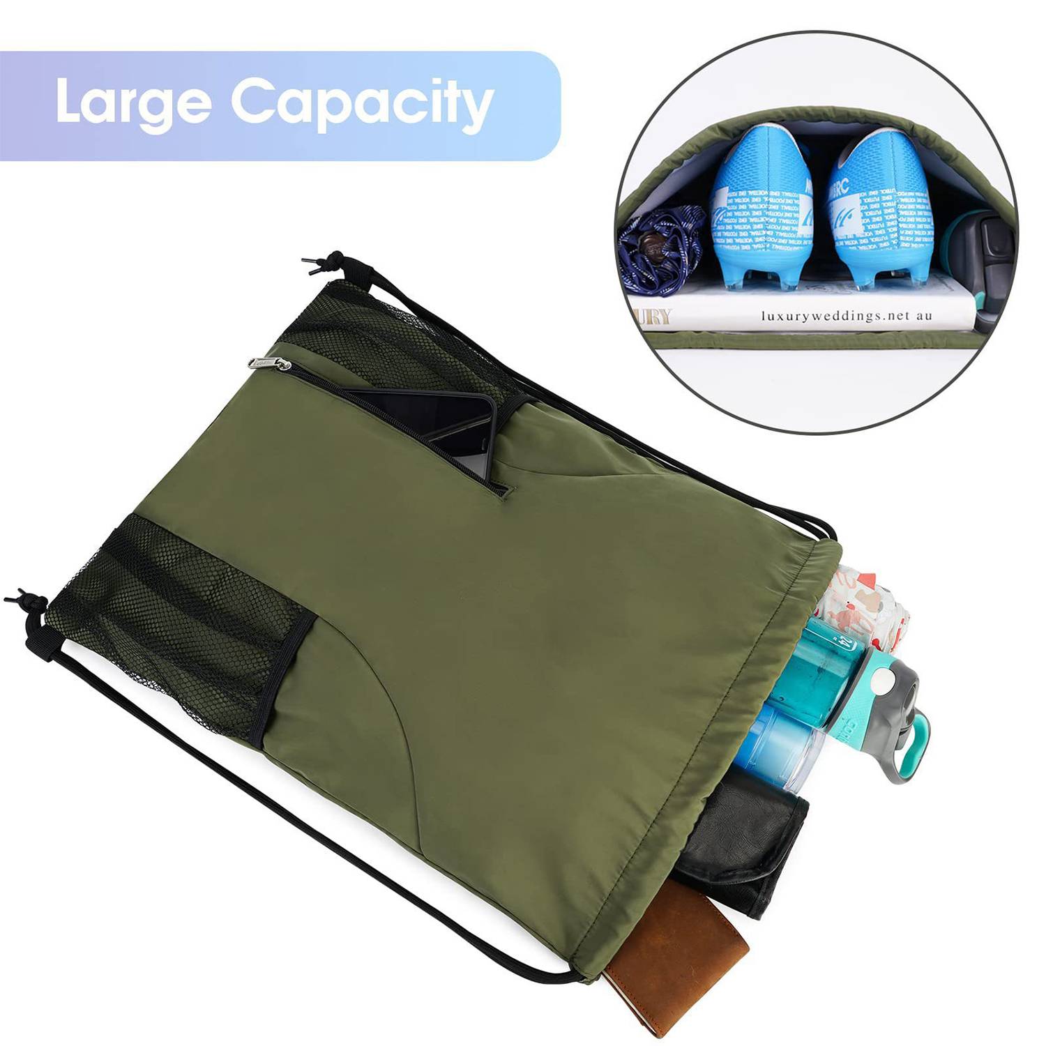 Sports Gym Water Resistant Drawstring Backpack for Women Men 3