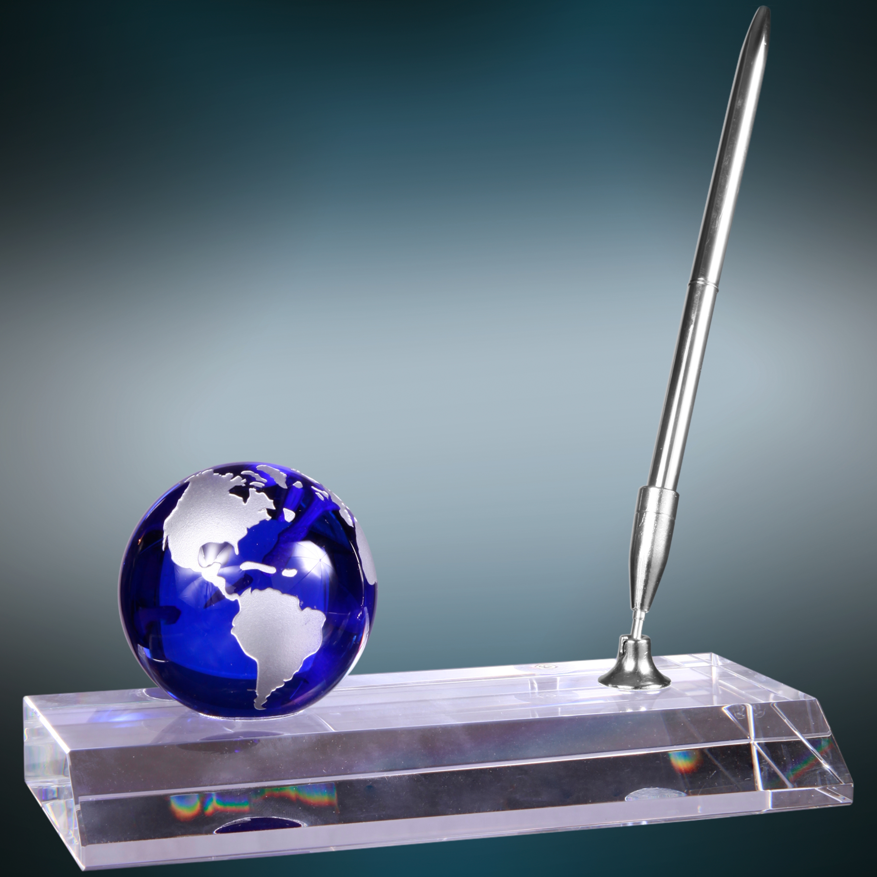 7" x 3" Blue Crystal Globe Award with Base and Pen 3