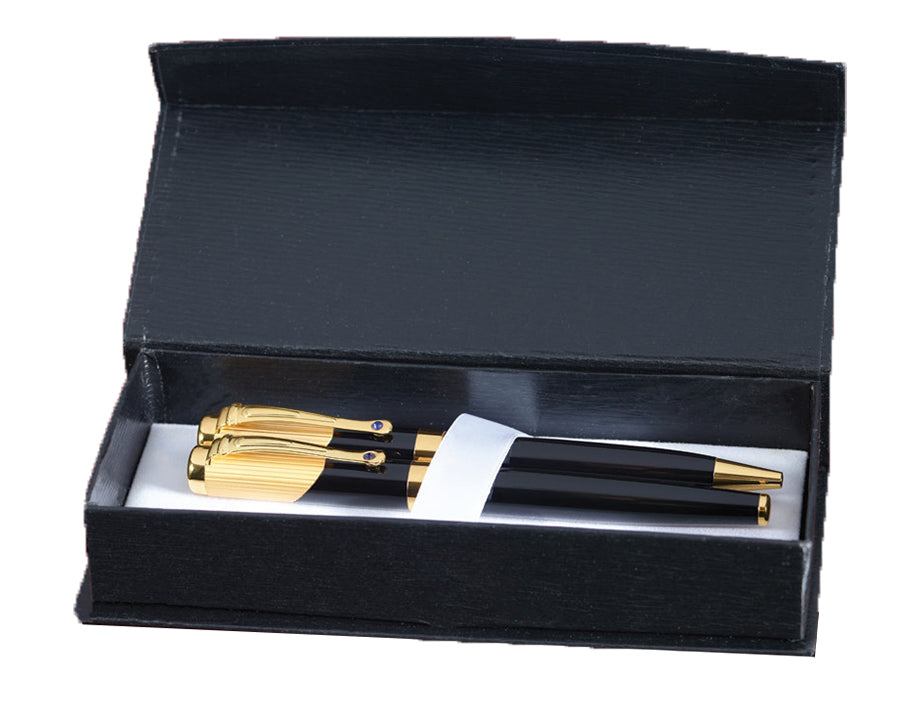 Metal Ball Point And Roller Ball Pen With Blue Jewels In Gift Box 2