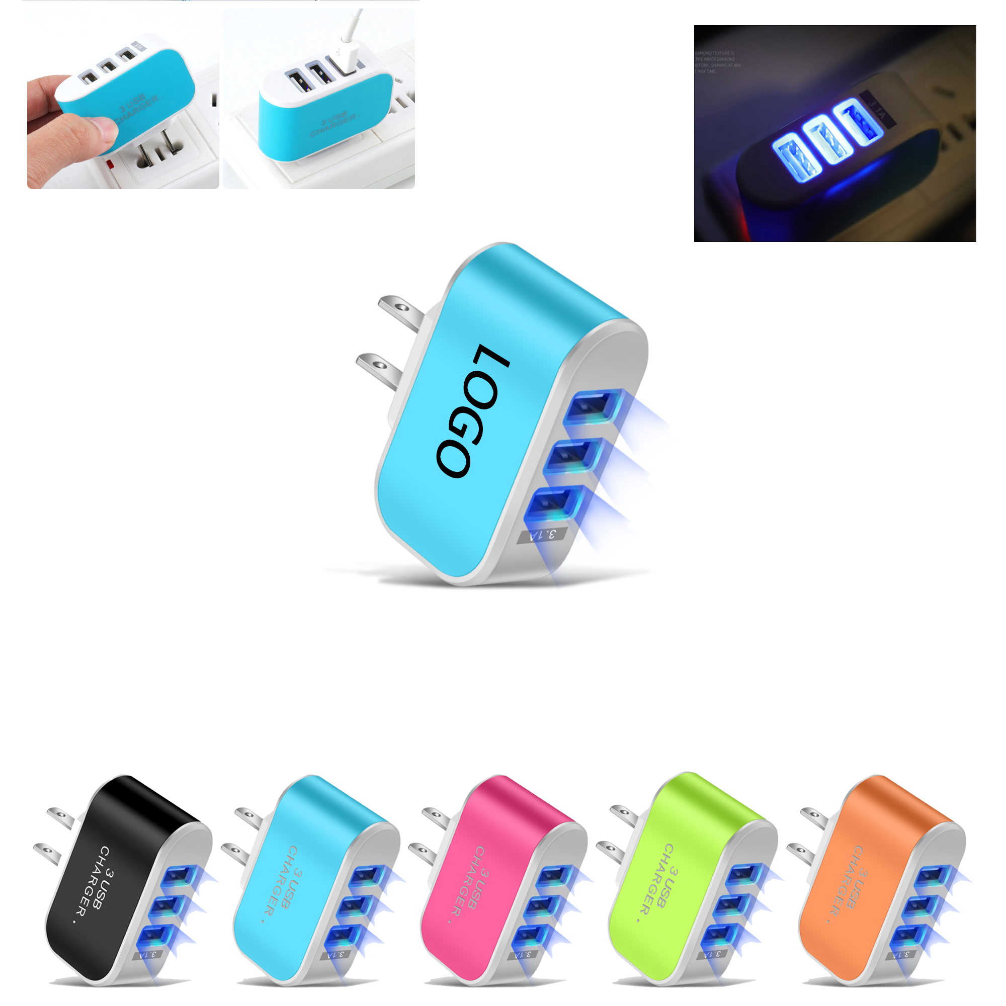 MOQ 100pcs 3 USB Led Luminous Charger With Your Brand 2