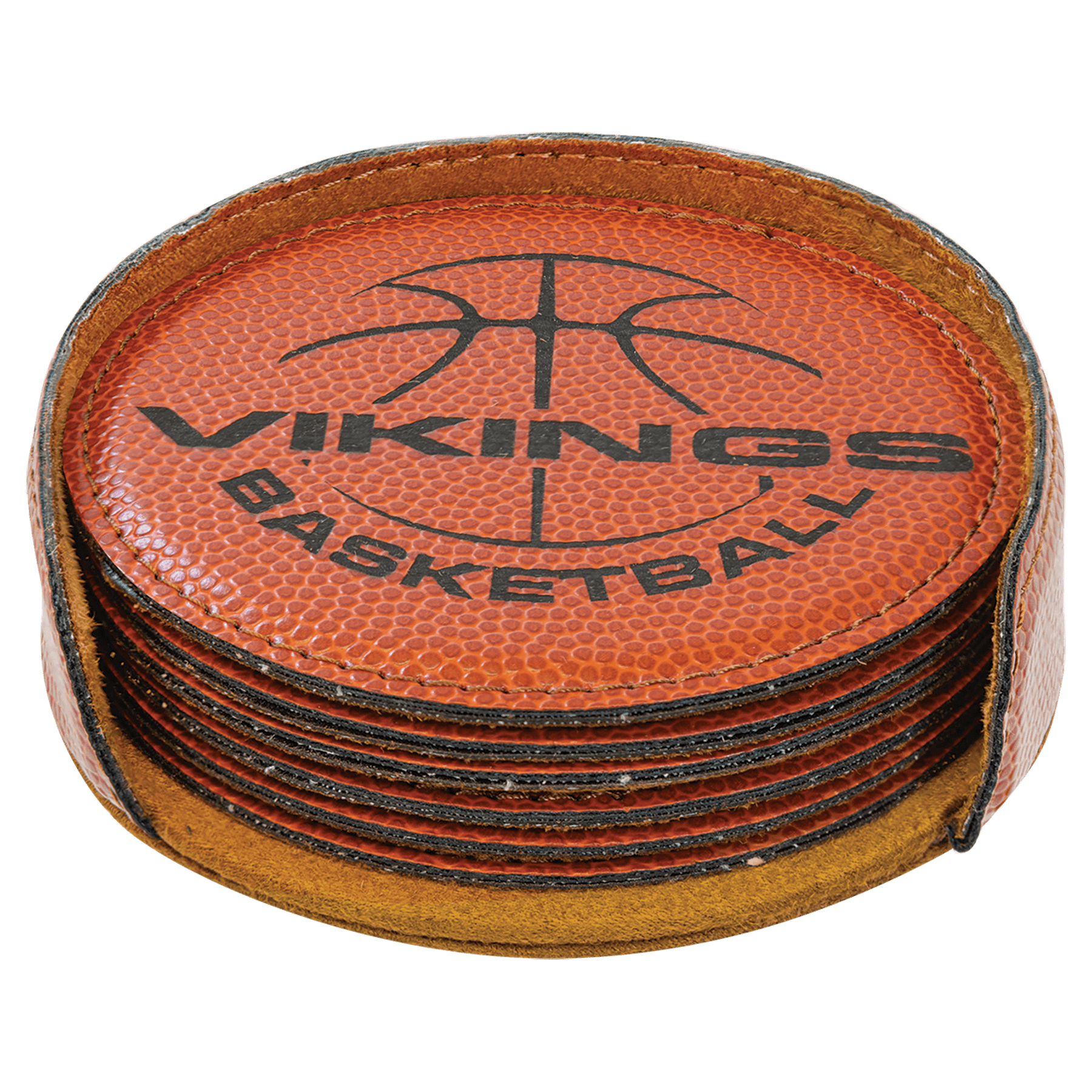 4" Basketball Round Leatherette 6-Coaster Set 2