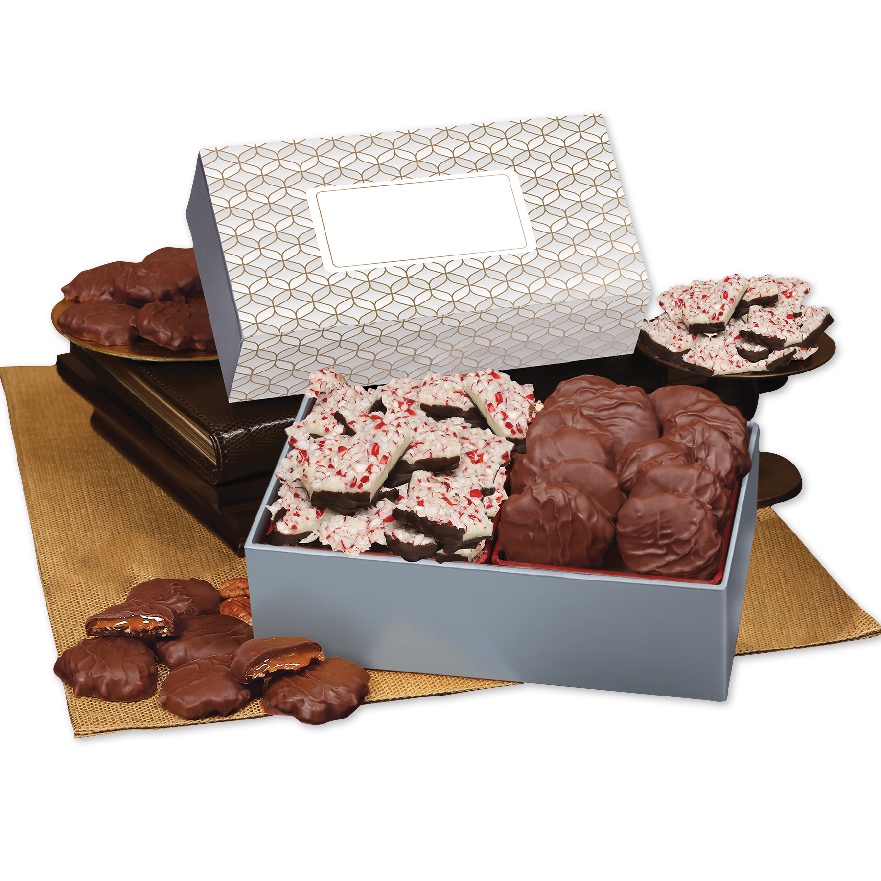 Peppermint Bark & Pecan Clusters in Gift Box with Silver & Gold Geometric Sleeve 1